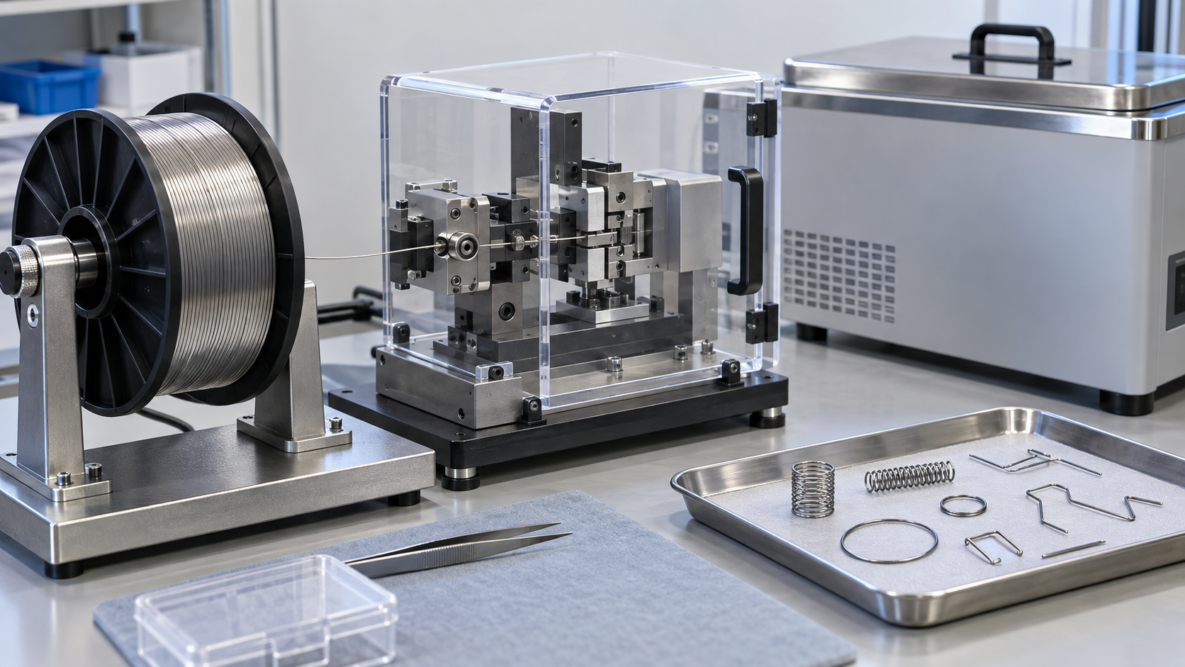 Shape-memory alloy wire, forming and temperature-controlled testing are distinguished.