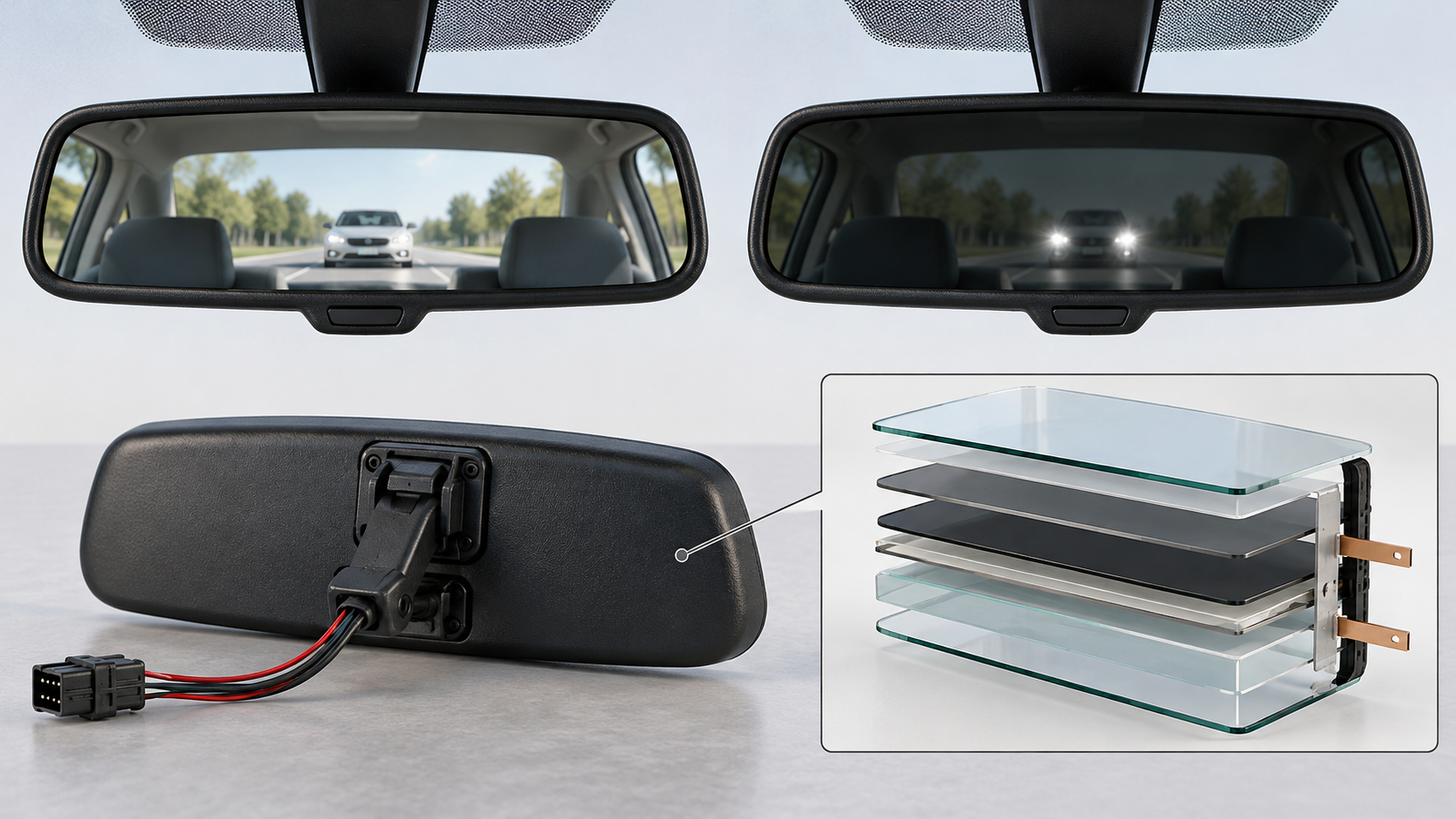 Electrical dimming illustrates glare control in a mirror