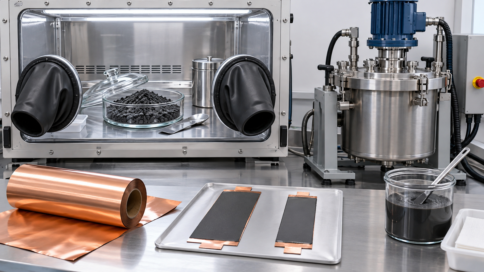 Graphite powder, mixing equipment and a copper-supported coating illustrate electrode preparation