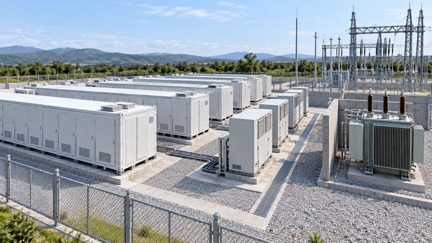Battery containers, power converters and a transformer connect storage to the grid