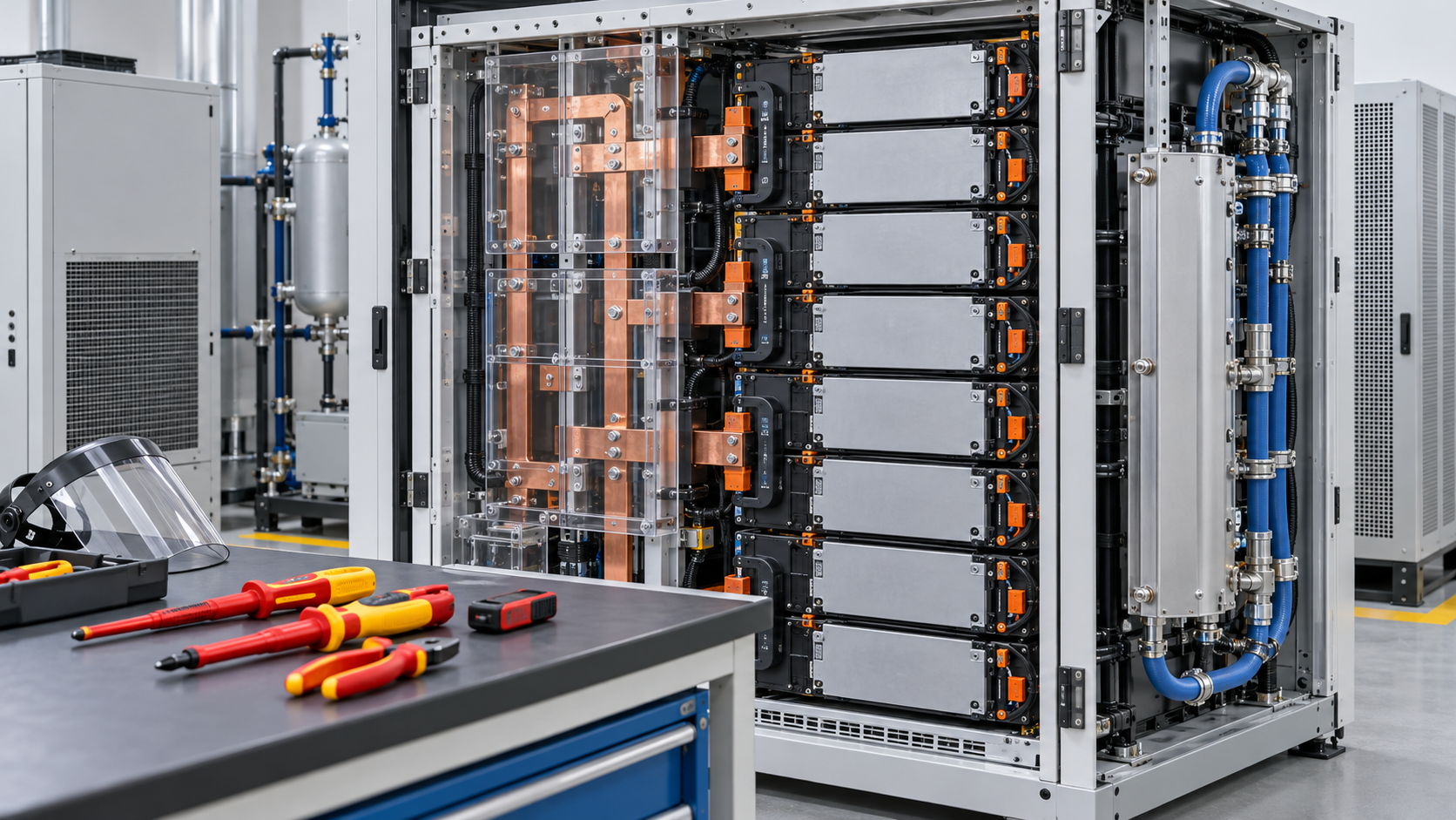 Connections and cooling pipework are inspected in a rack