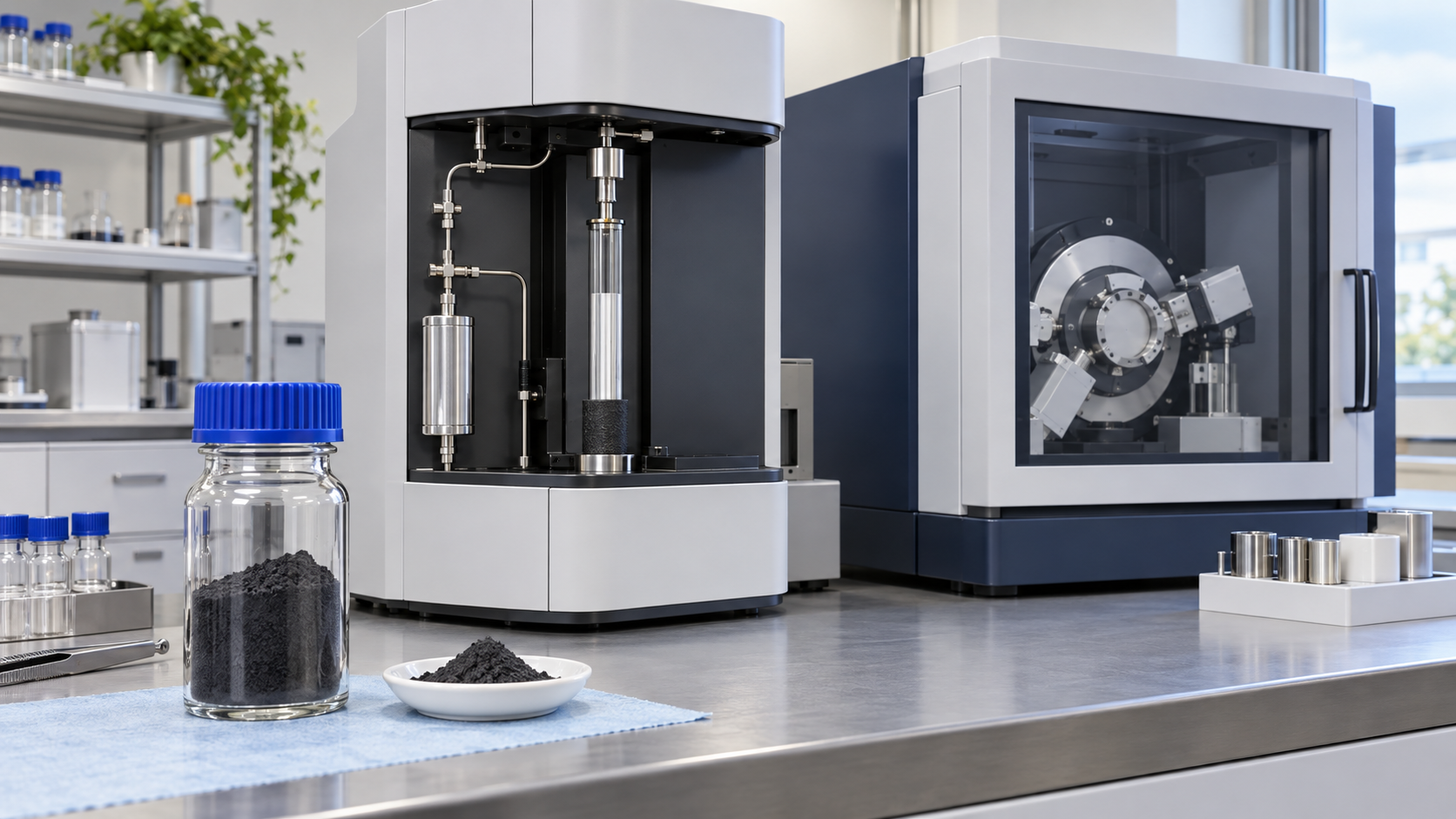 The same powder is examined by gas adsorption and X-ray diffraction