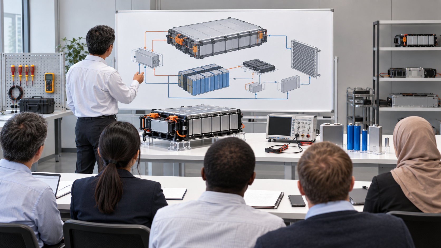 The scene illustrates discussion of electrical standards and test methods