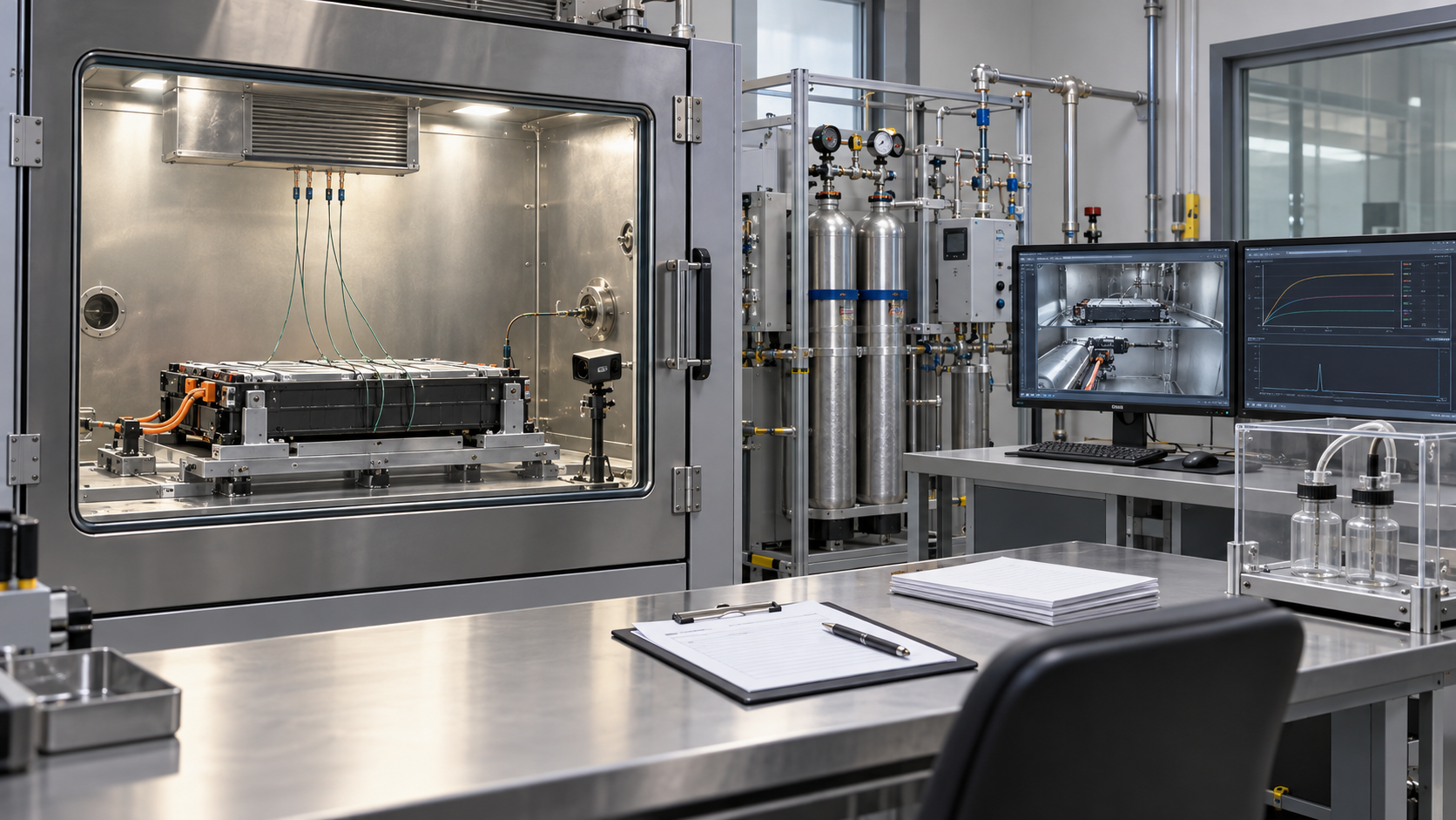 The scene illustrates standards-based battery testing