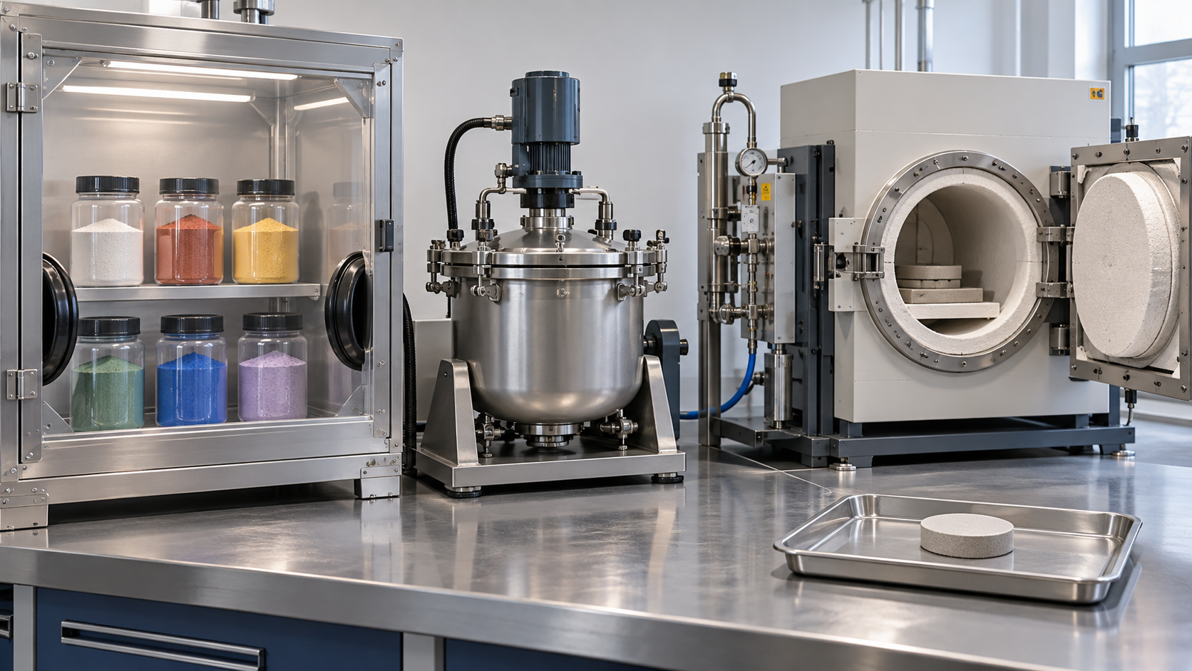 Powder blending, sintering and cooled pellets are distinguished
