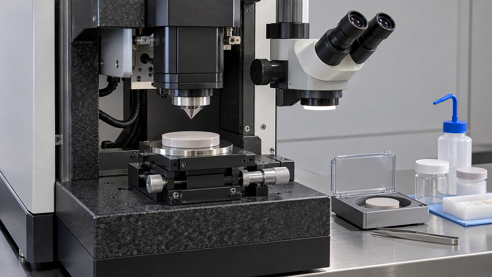 A tiny indenter probes a polished ceramic surface