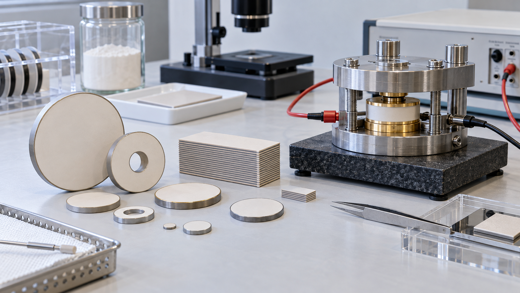 Piezoelectric components and multilayer ceramic samples are shown with test fixtures