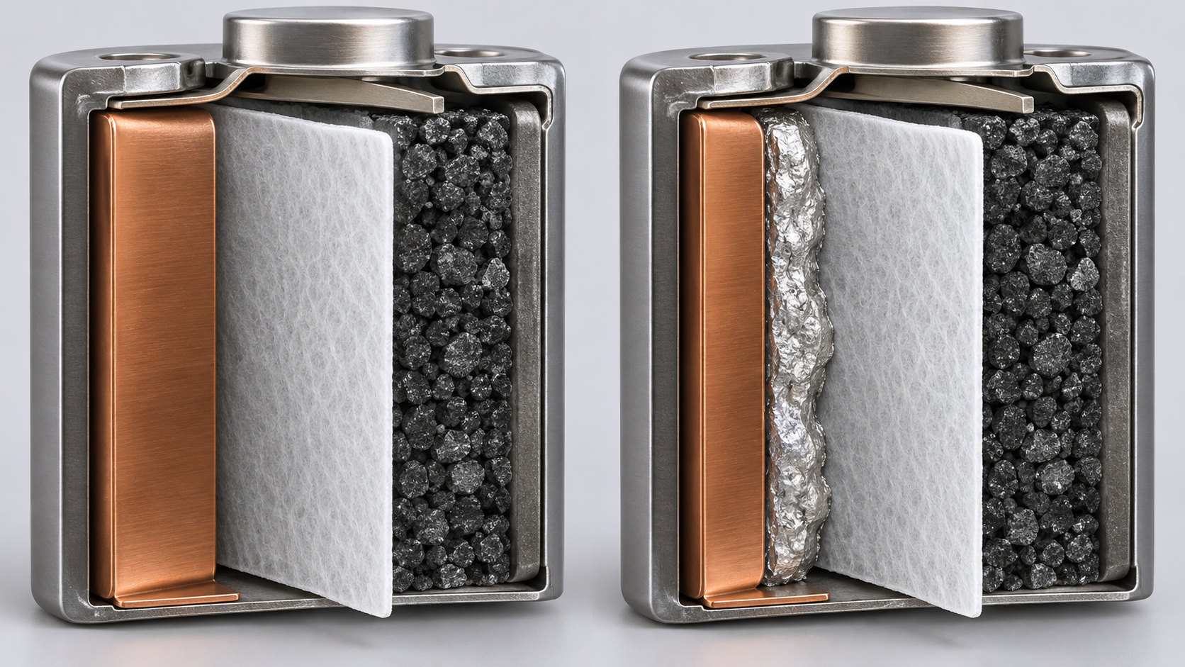 The shipped state on the left contains a copper collector but no lithium-metal anode