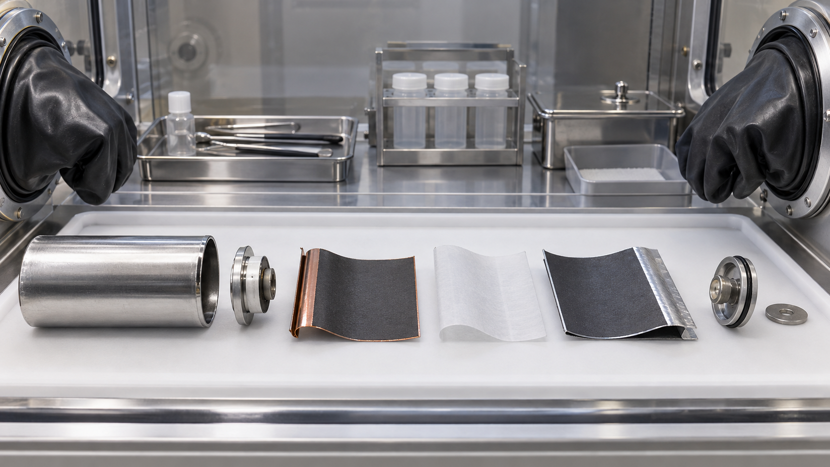 The can, copper-backed anode, aluminium-backed cathode and pale separator are separated on the tray