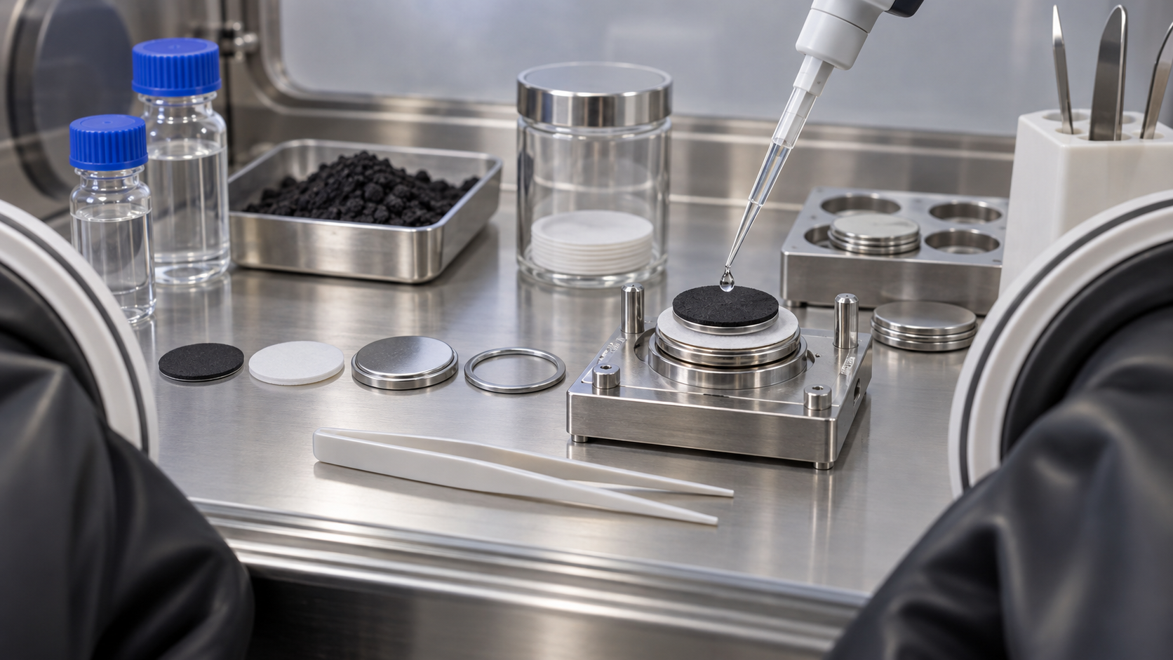 Electrolyte is metered into the cell inside a glovebox
