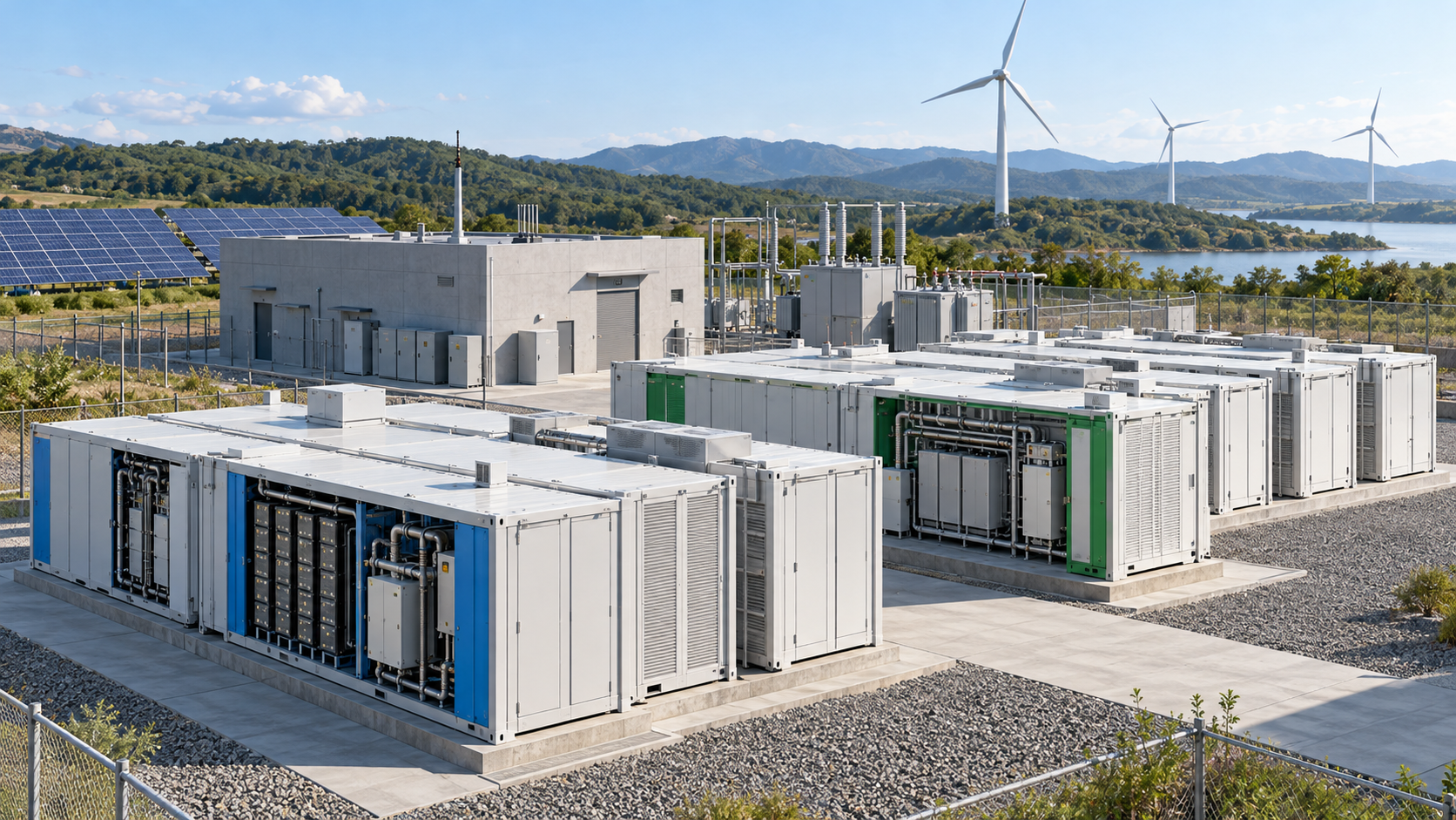 A long-duration storage installation separates batteries and power-conversion equipment