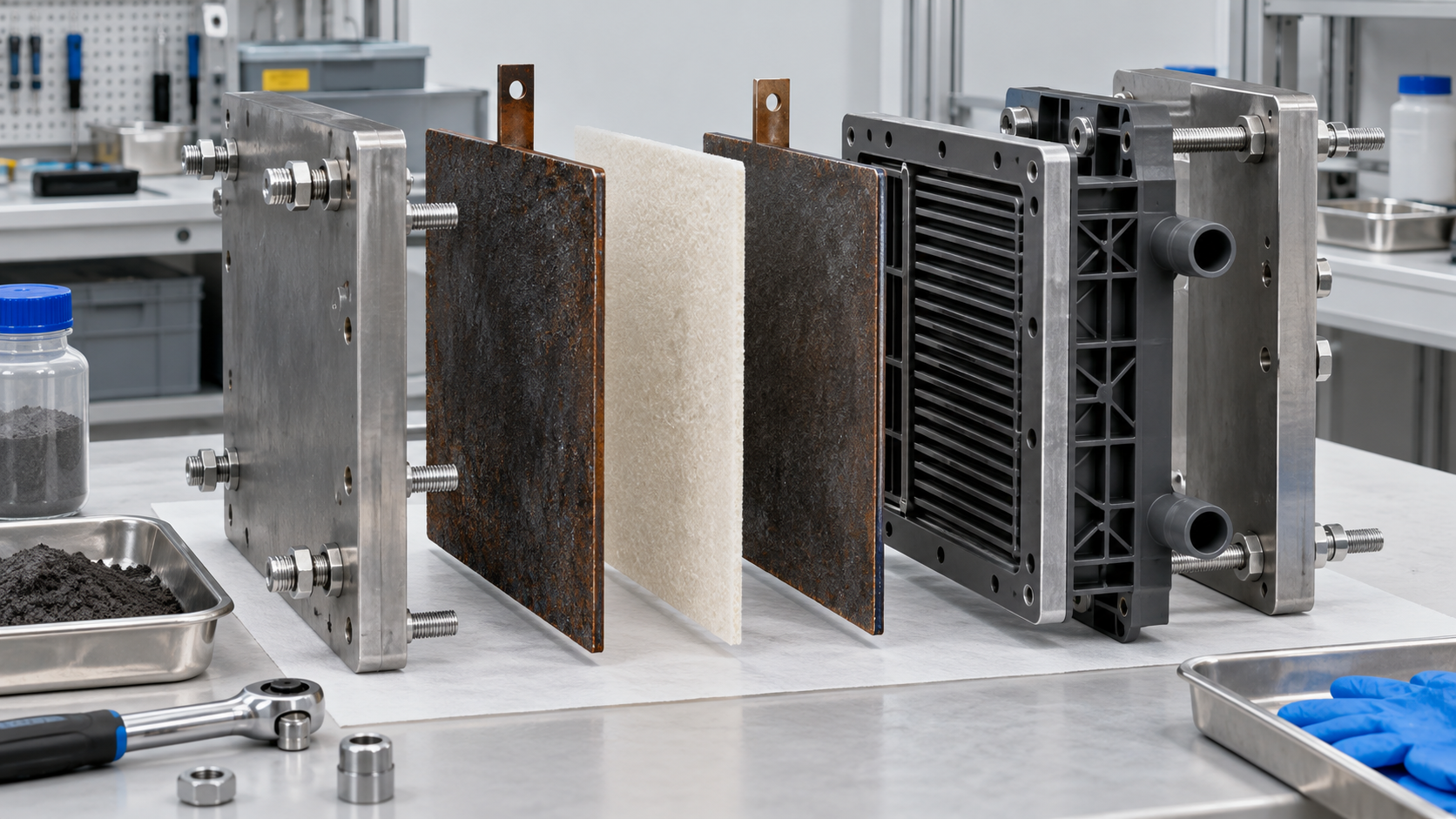 Iron electrodes, separators and air electrodes are assembled in a frame