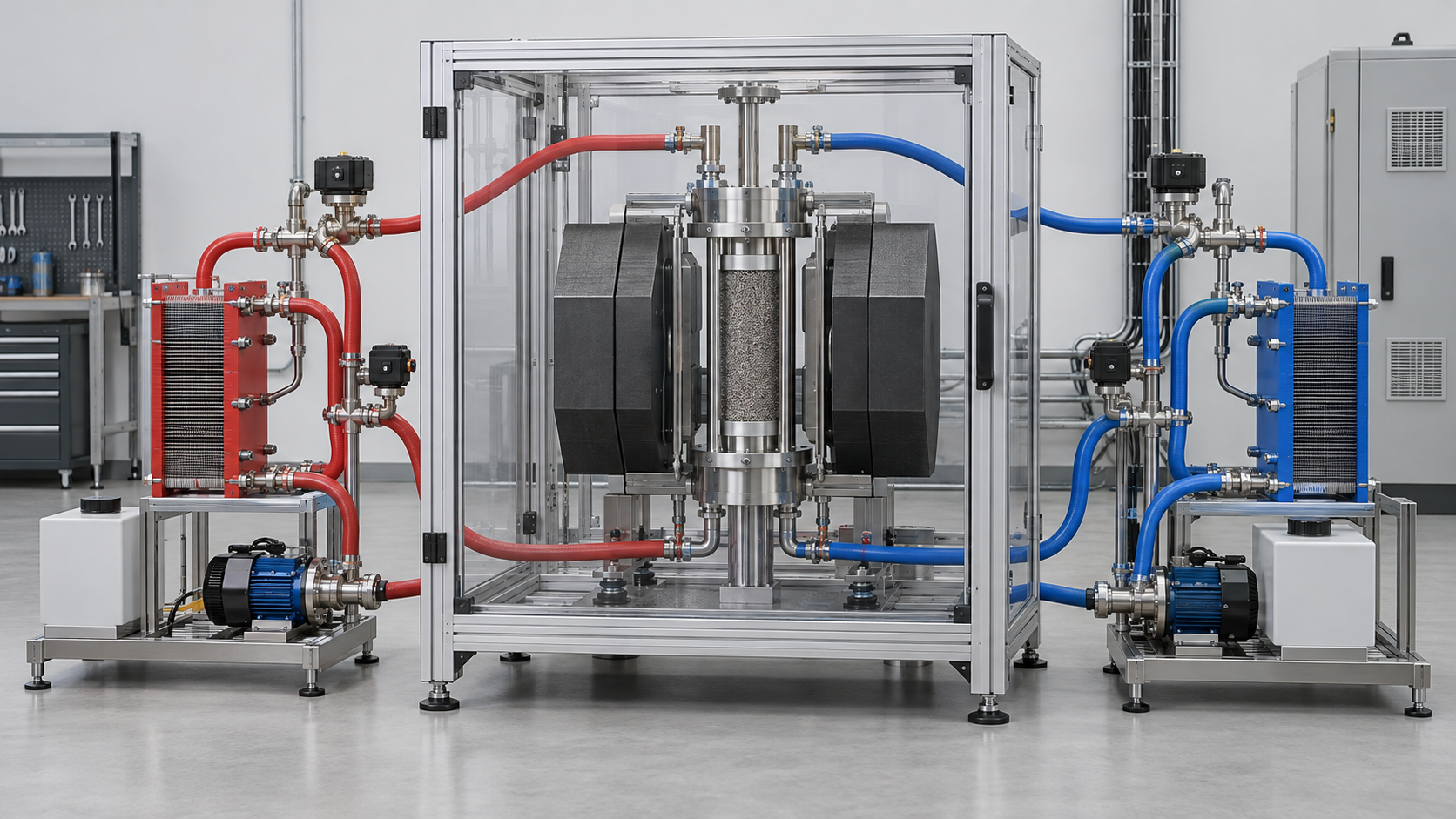 A prototype separates magnetic regenerator, circulating fluid and two heat exchangers