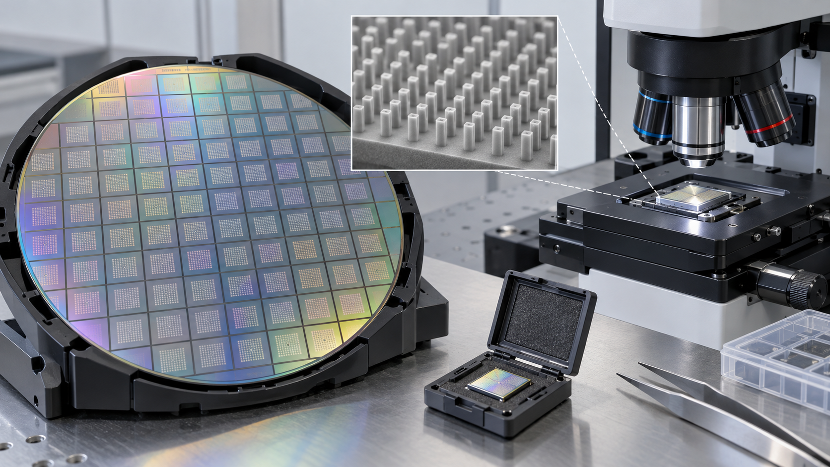 Many optical elements are fabricated on a wafer before inspection and singulation