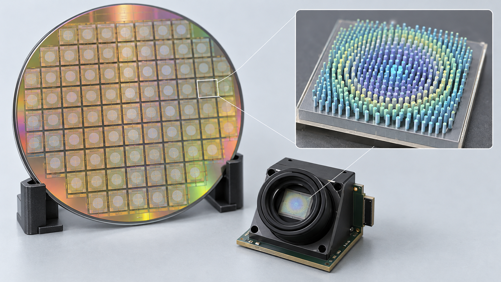 Wafer optical elements and sensor integration are shown