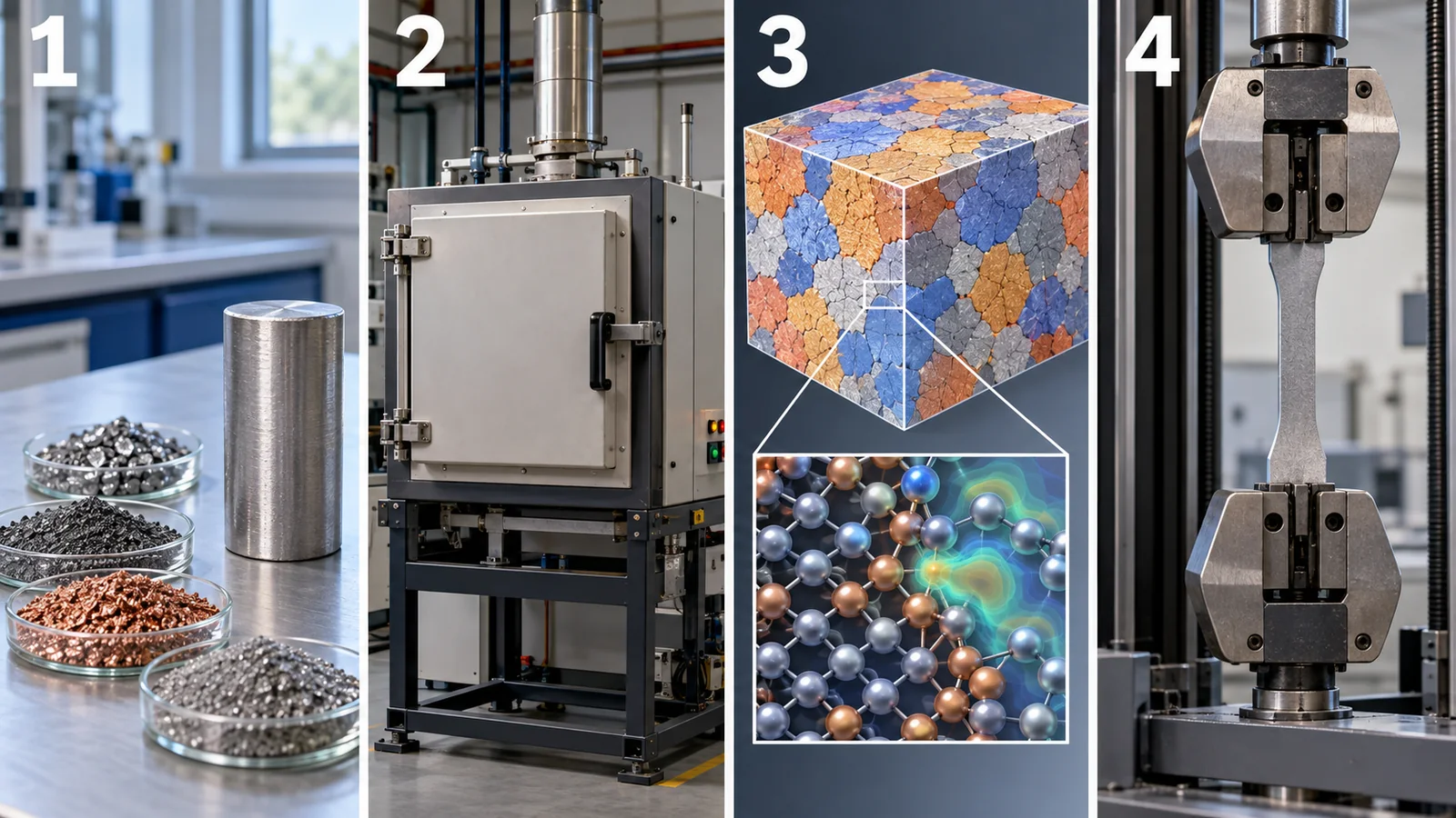 1 composition, 2 processing, 3 microstructure, 4 properties. What is recorded affects what a model can predict.