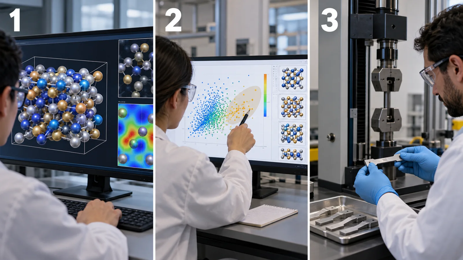 1 physics simulation, 2 data-guided selection, 3 fabrication and testing address different questions.
