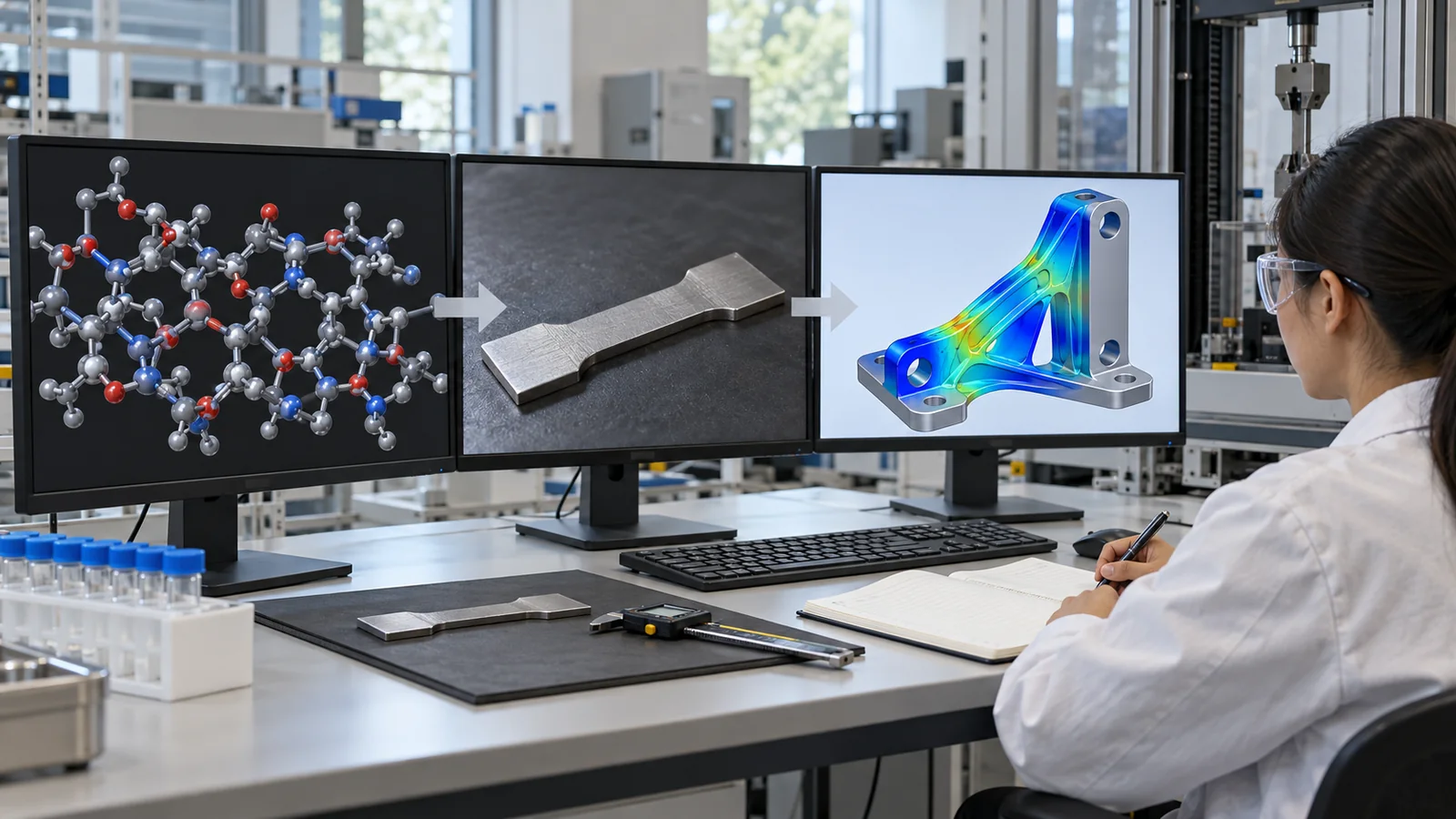 Connect molecular, materials and component models. A simulation display does not establish agreement with real hardware.