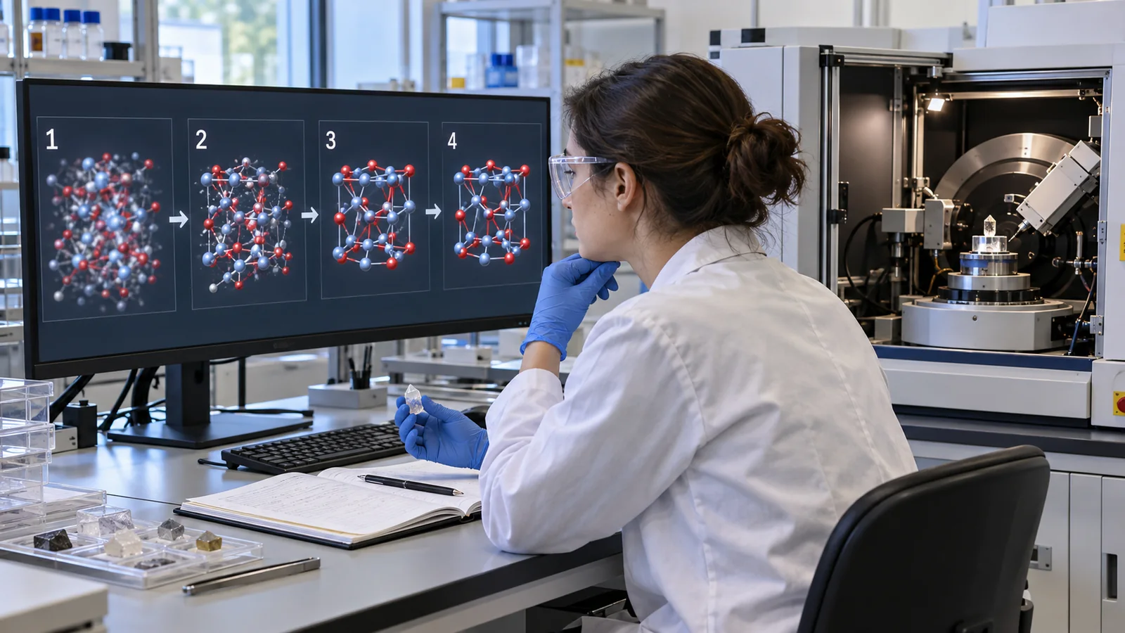 Candidate generation is followed by computational and experimental checks. Generation alone does not establish a useful material.