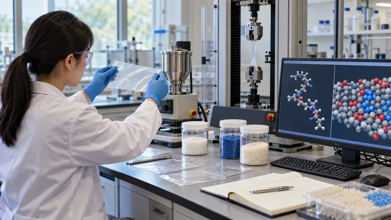 Connect formulation and processing history to test results, without depicting actual Mitsui Chemicals products or facility specifications.