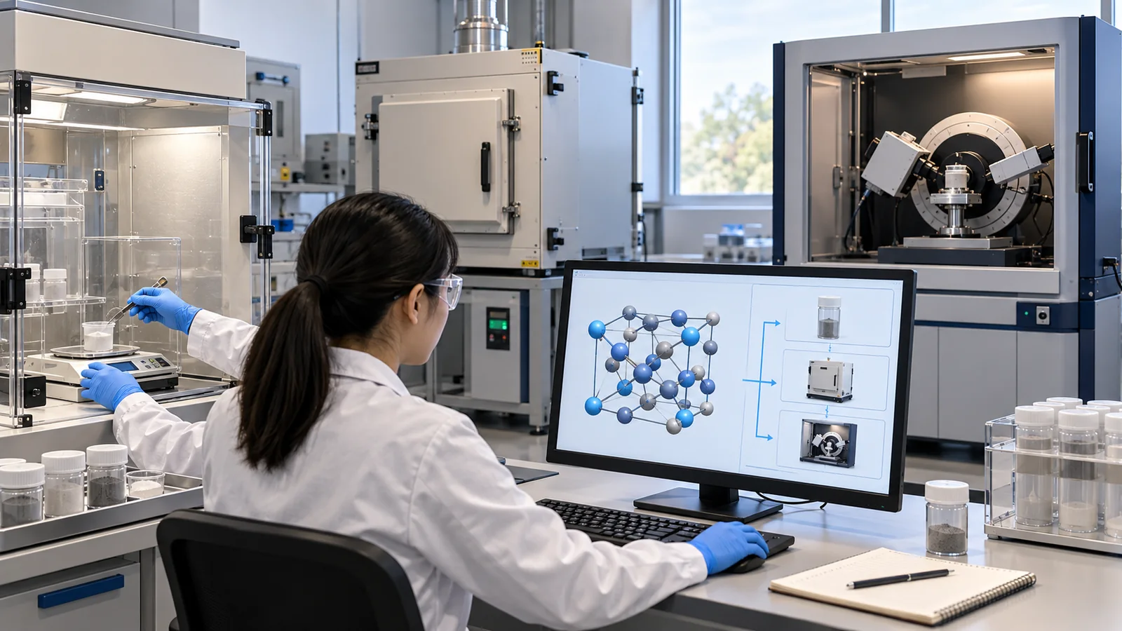 A concept linking synthesis, characterisation and the next experimental choice, not a photograph of a company facility.