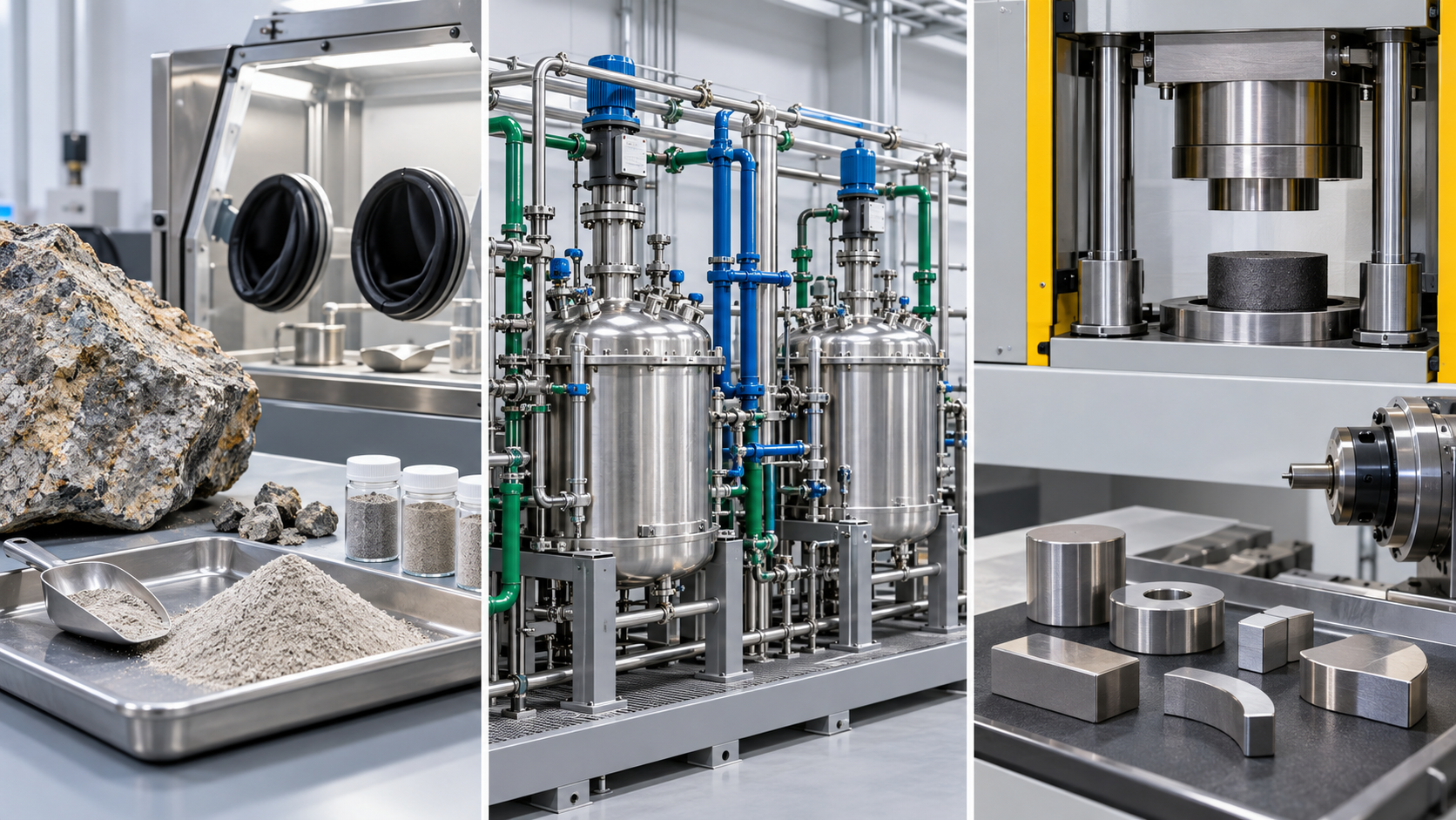 Ore processing, separation/refining and magnet processing are distinct stages; ore is not directly a finished magnet.