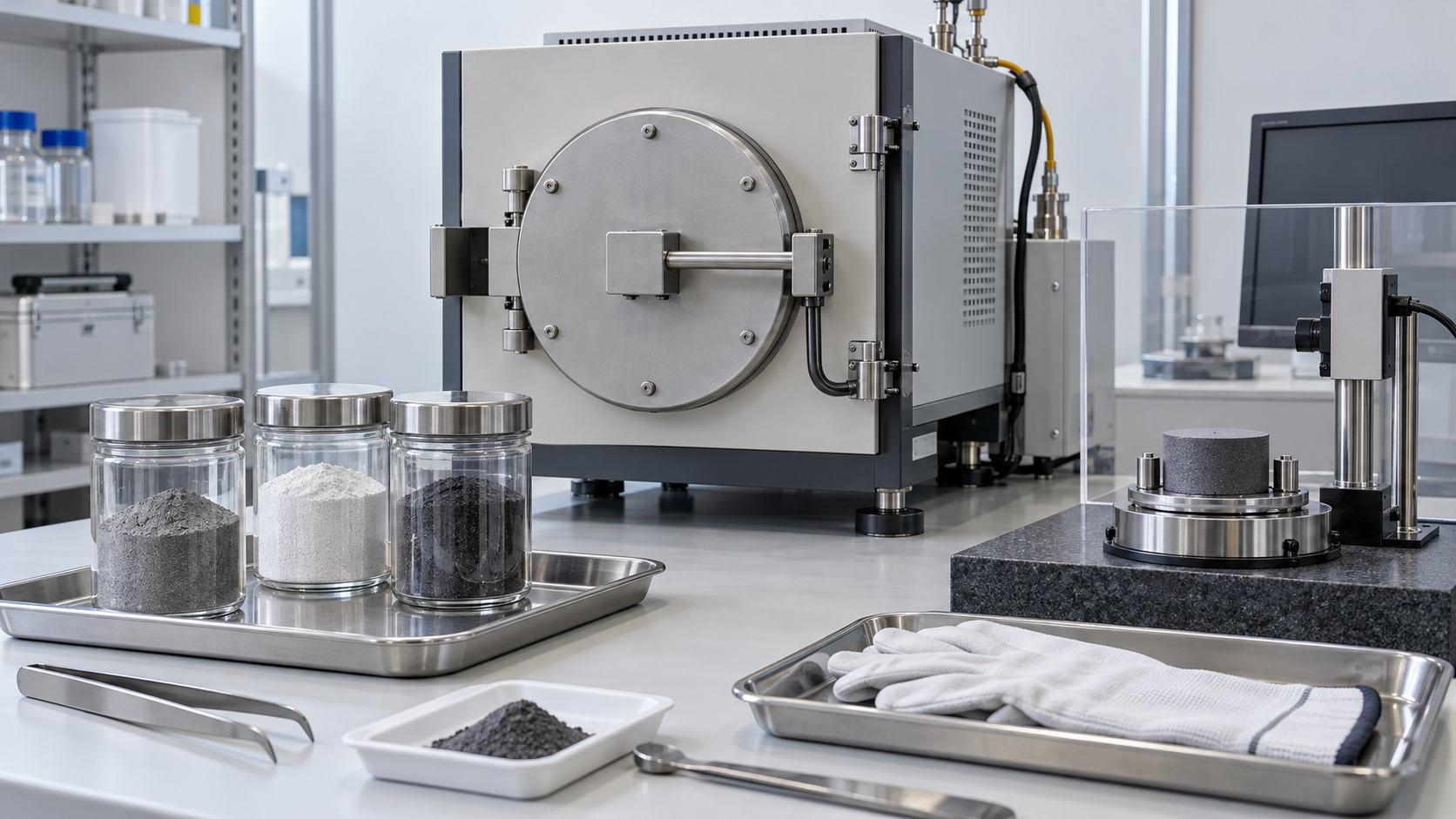 Powder handling, nitriding and magnetic testing illustrate development, not an actual factory or achieved mass production.