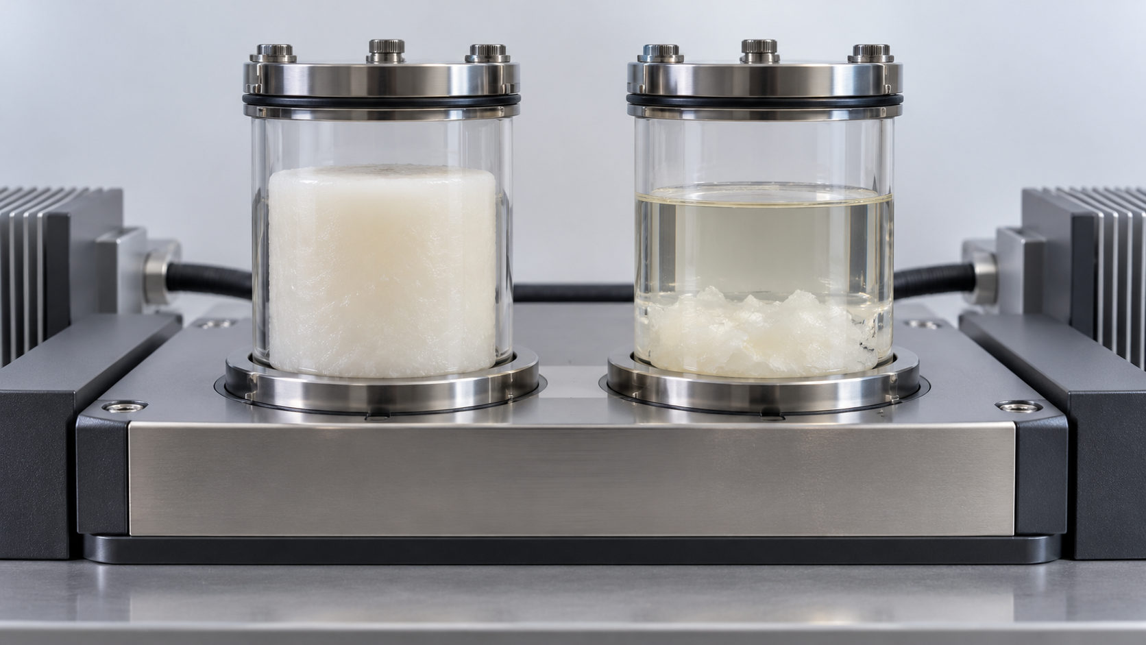 The same material is shown solid and partially melting