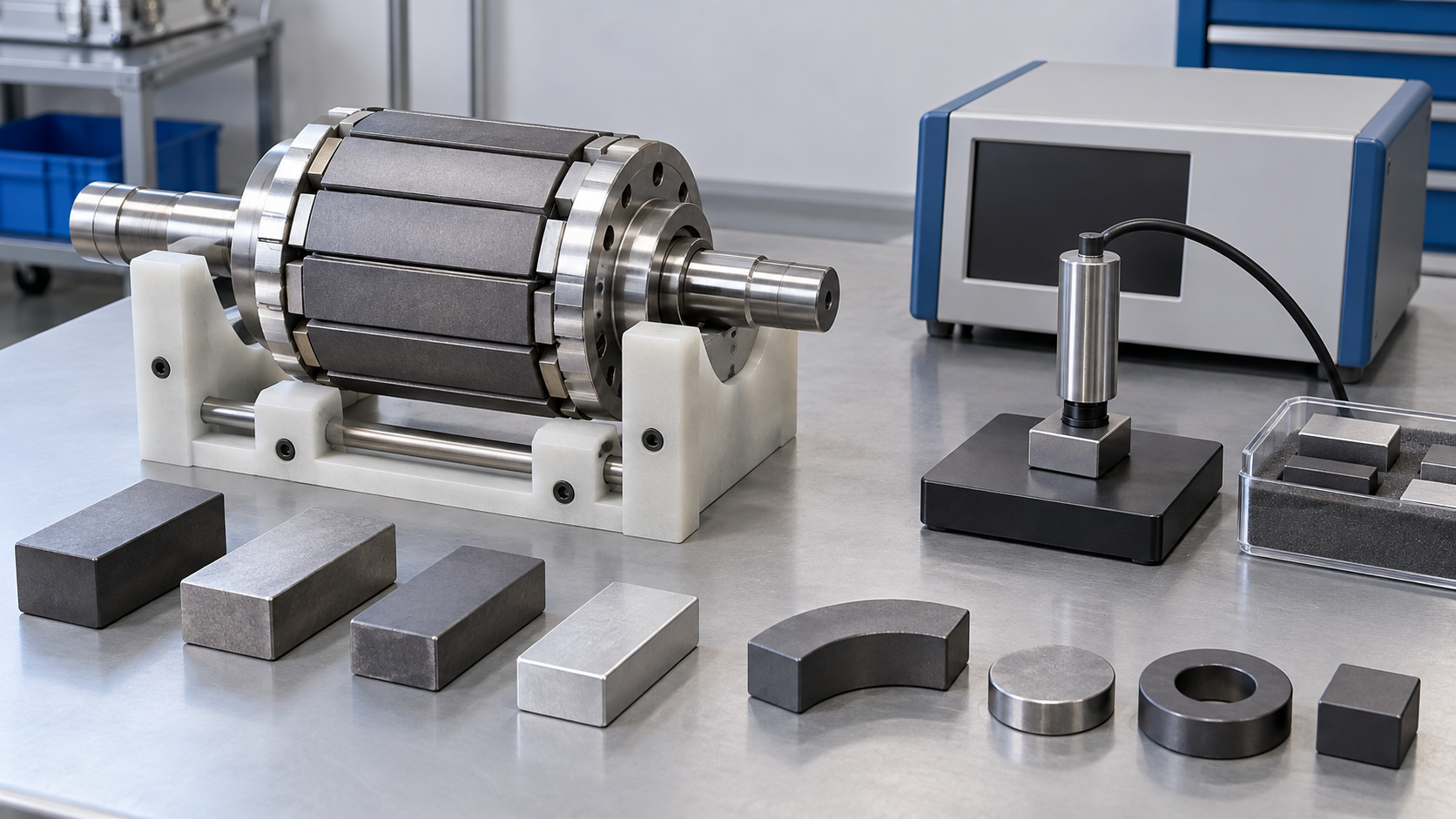 Magnet samples, characterization and rotor integration are distinguished
