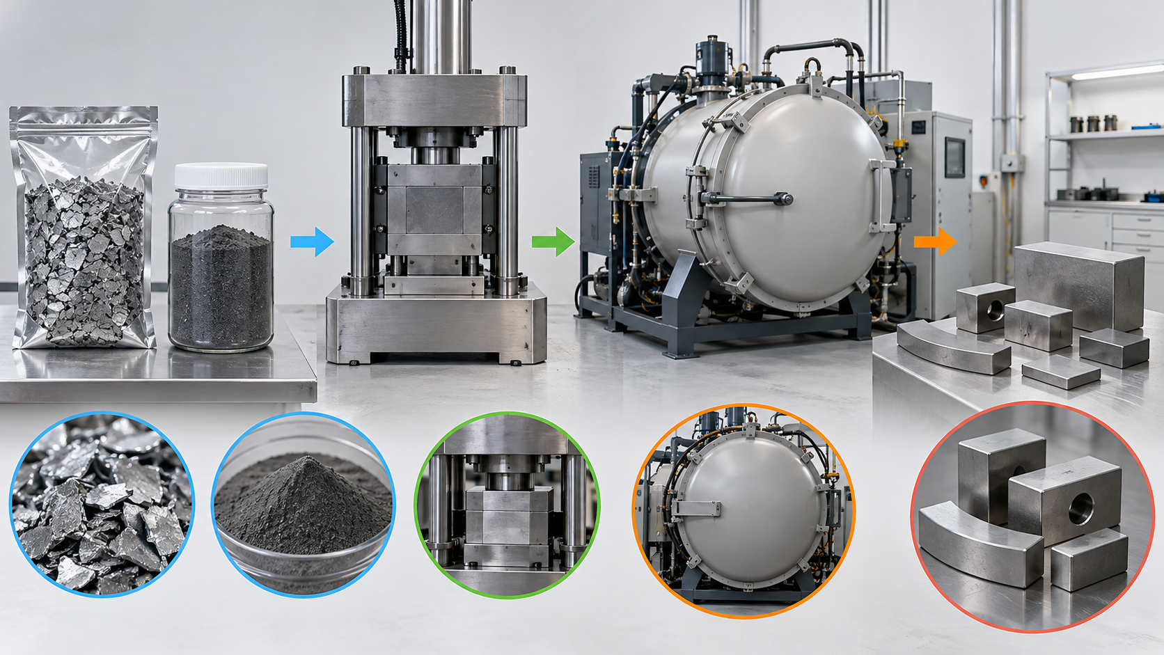 An example proceeds from alloy through powder, pressing, sintering and machining