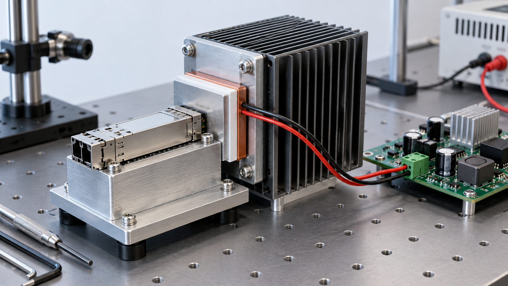 Note the thermoelectric element between heat source and sink