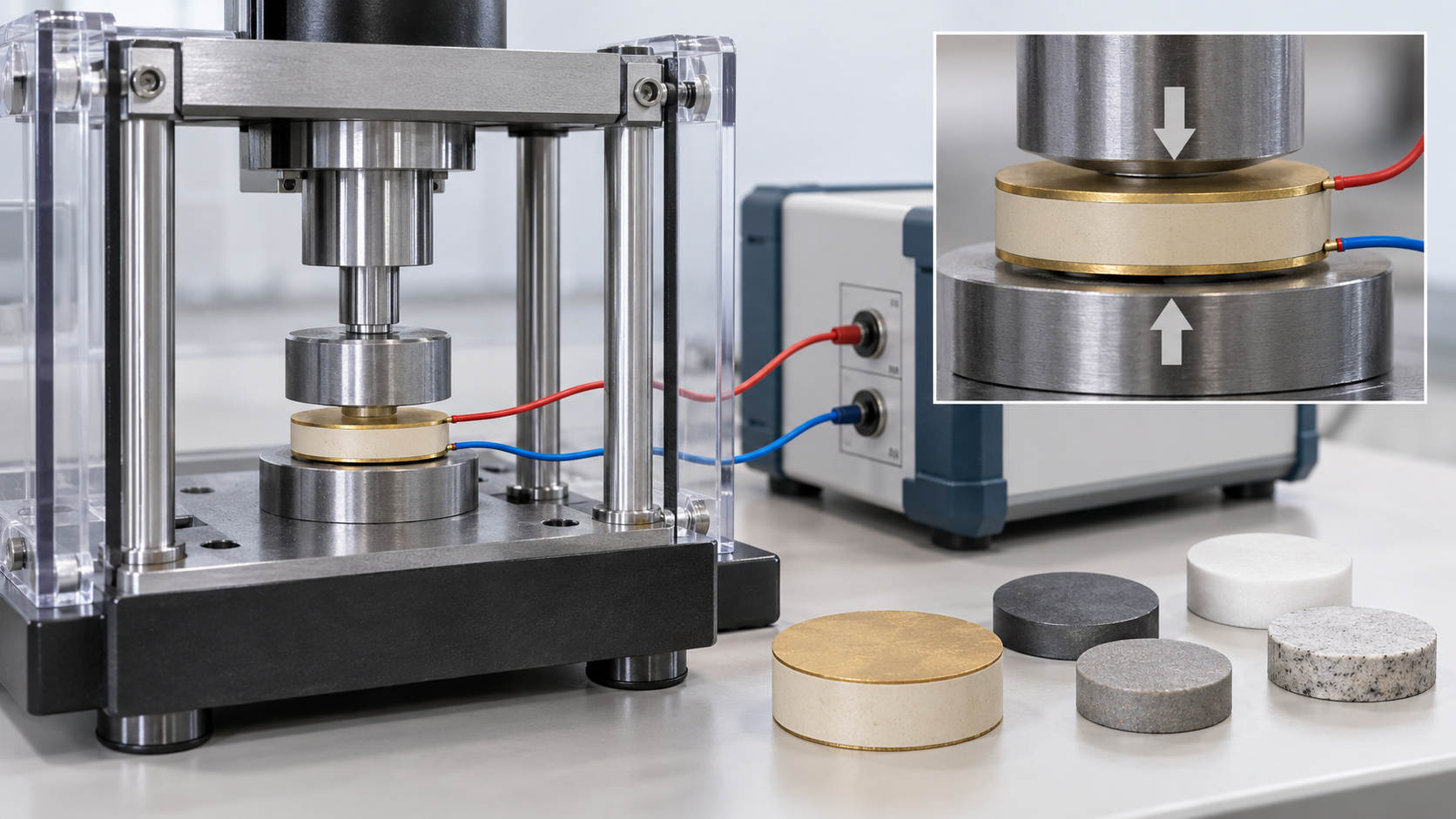 Electrodes on both faces measure the electrical response to applied force
