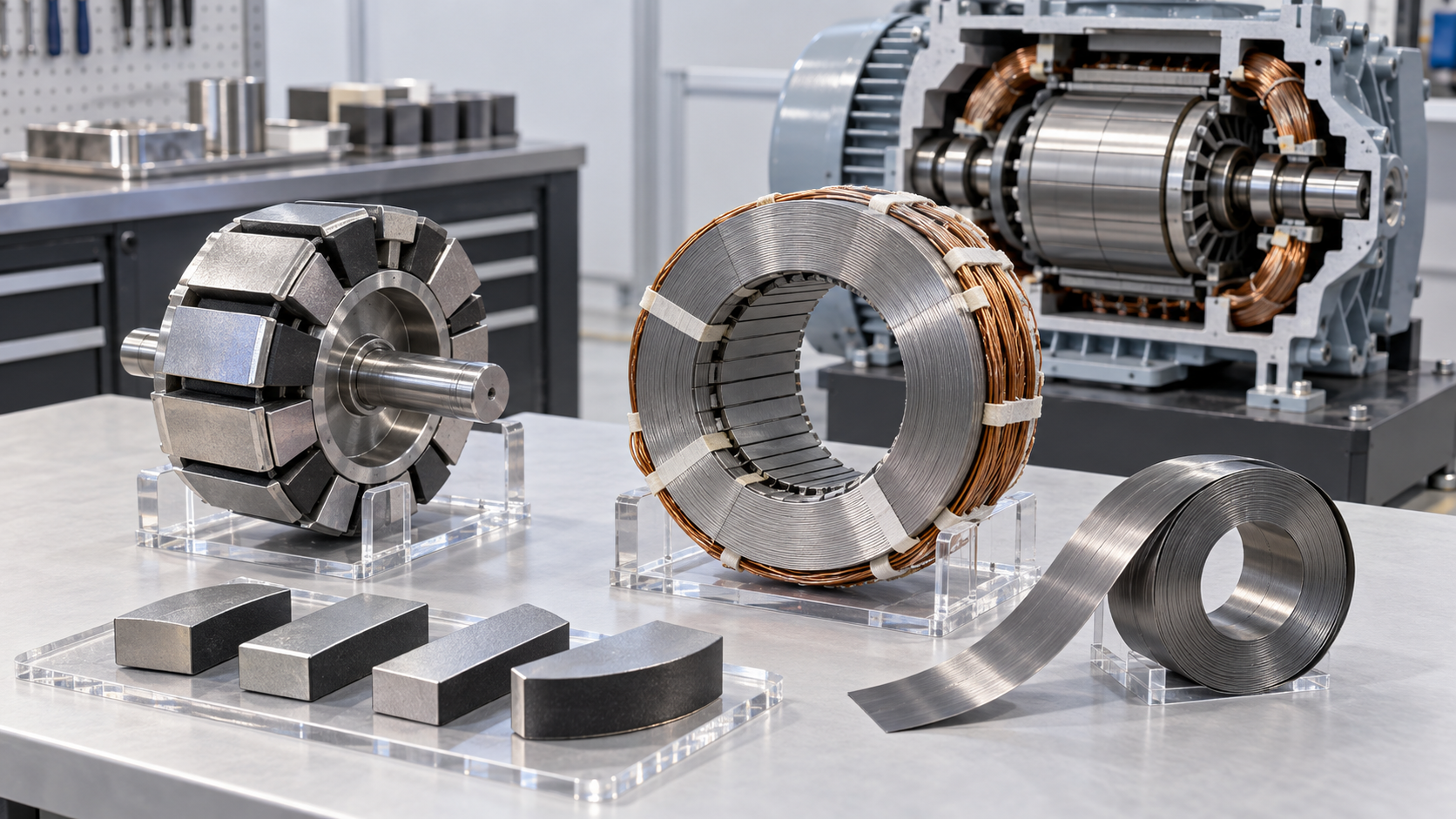 Permanent-magnet segments and ribbon-based soft-magnetic cores serve different roles