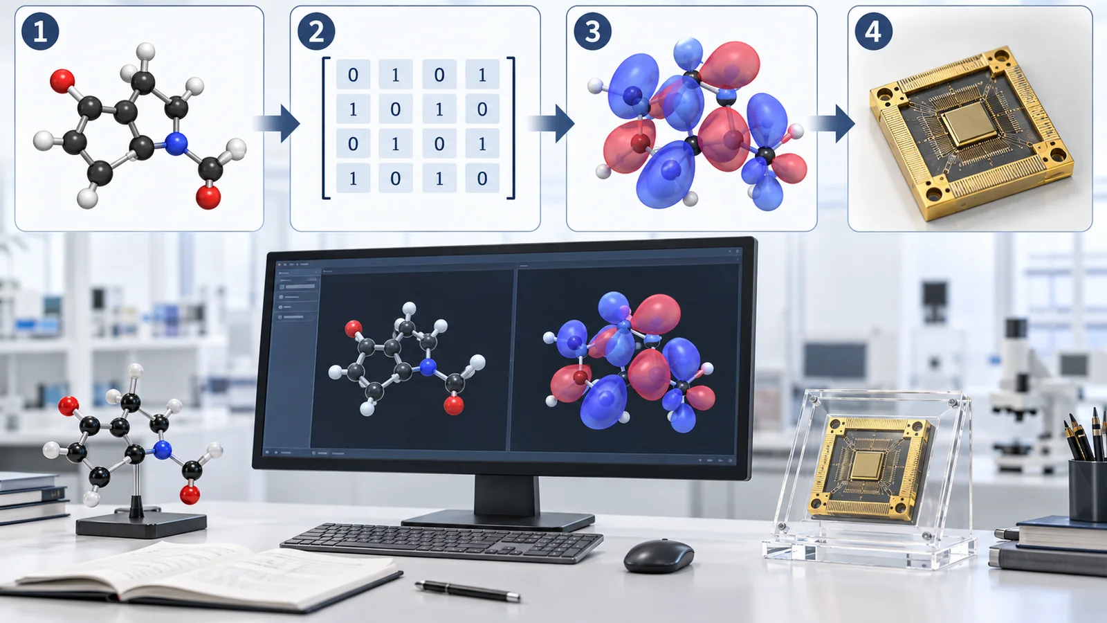 AI-generated concept image. An image of a lab comparing the electronic-structure results of a molecule with a physical model. It does not depict any real molecule, device or company.
