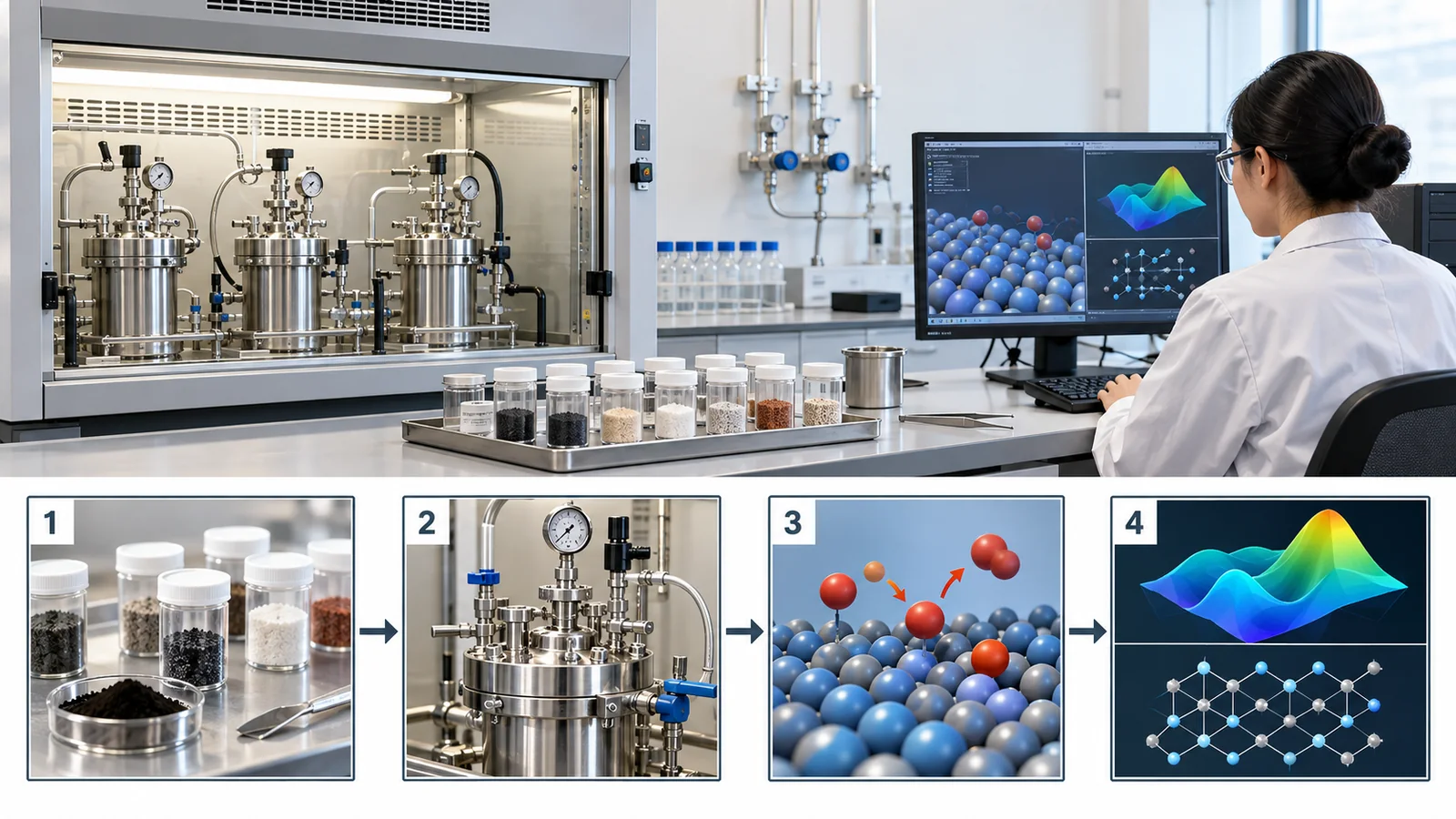 AI-generated concept image. An image of a catalyst experiment and calculation results being examined side by side. It does not depict any real person, facility or company.