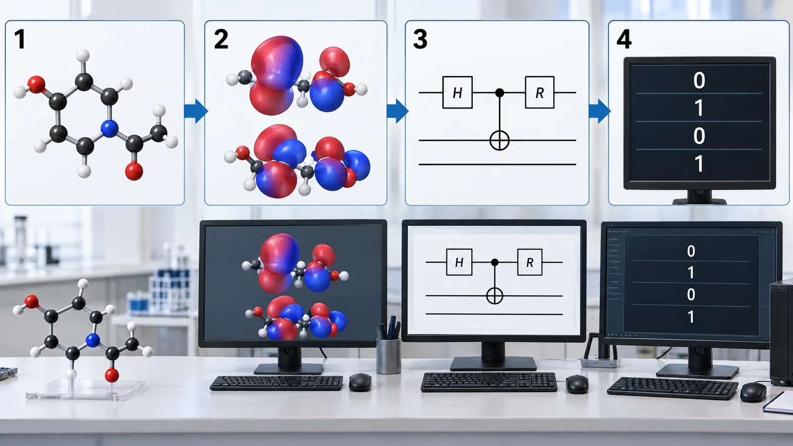 Molecules are not physically loaded into the device: an electronic-structure problem is mapped to a computational representation, circuits and measurement results.