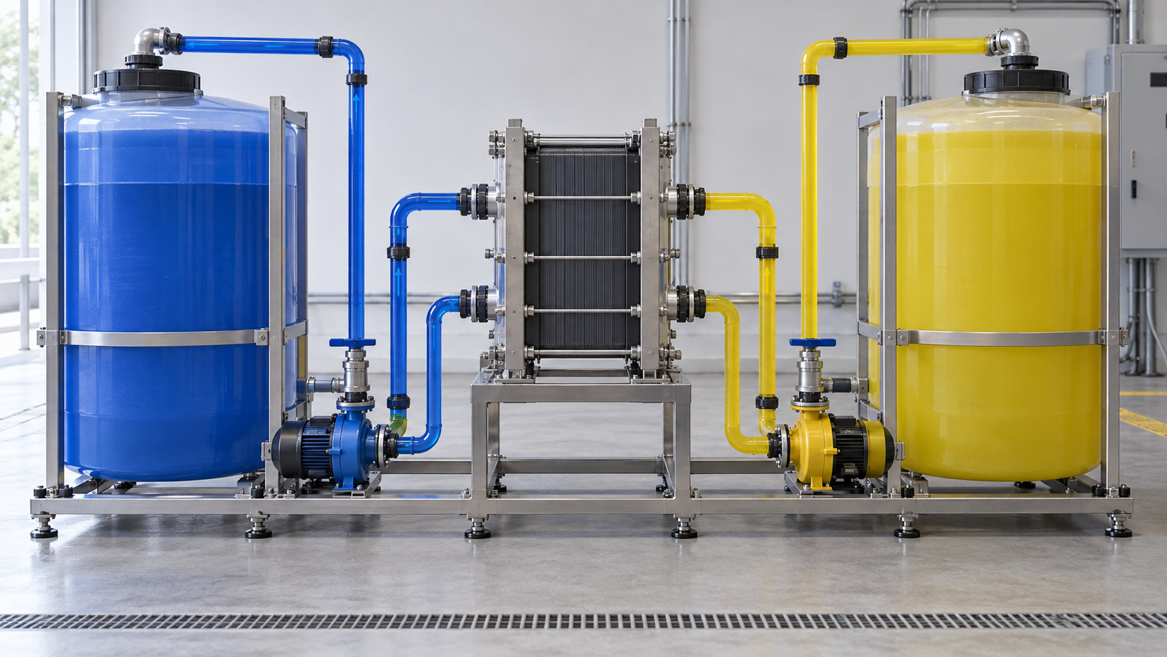 Two tank liquids circulate through separate sides of the stack