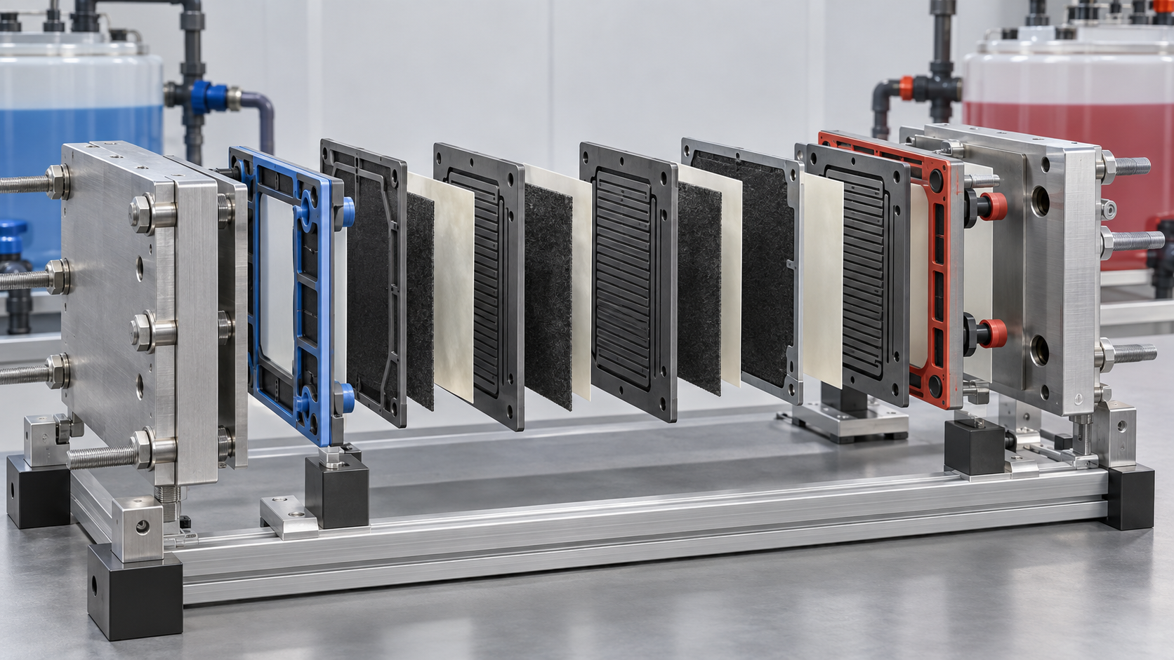Bipolar plates, electrodes, membranes and flow frames form the cell stack