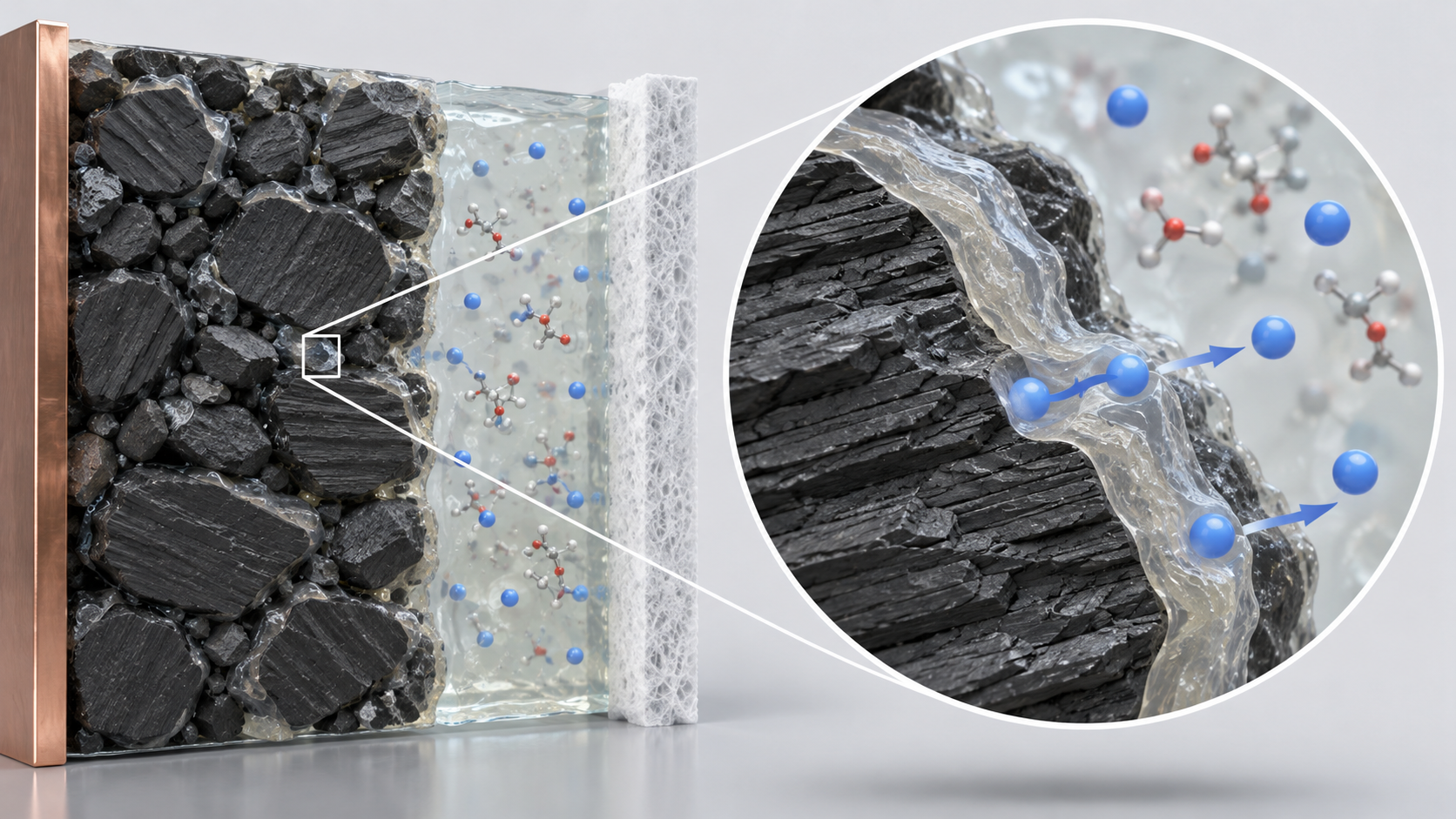 A magnified SEI model shows a thin film on graphite