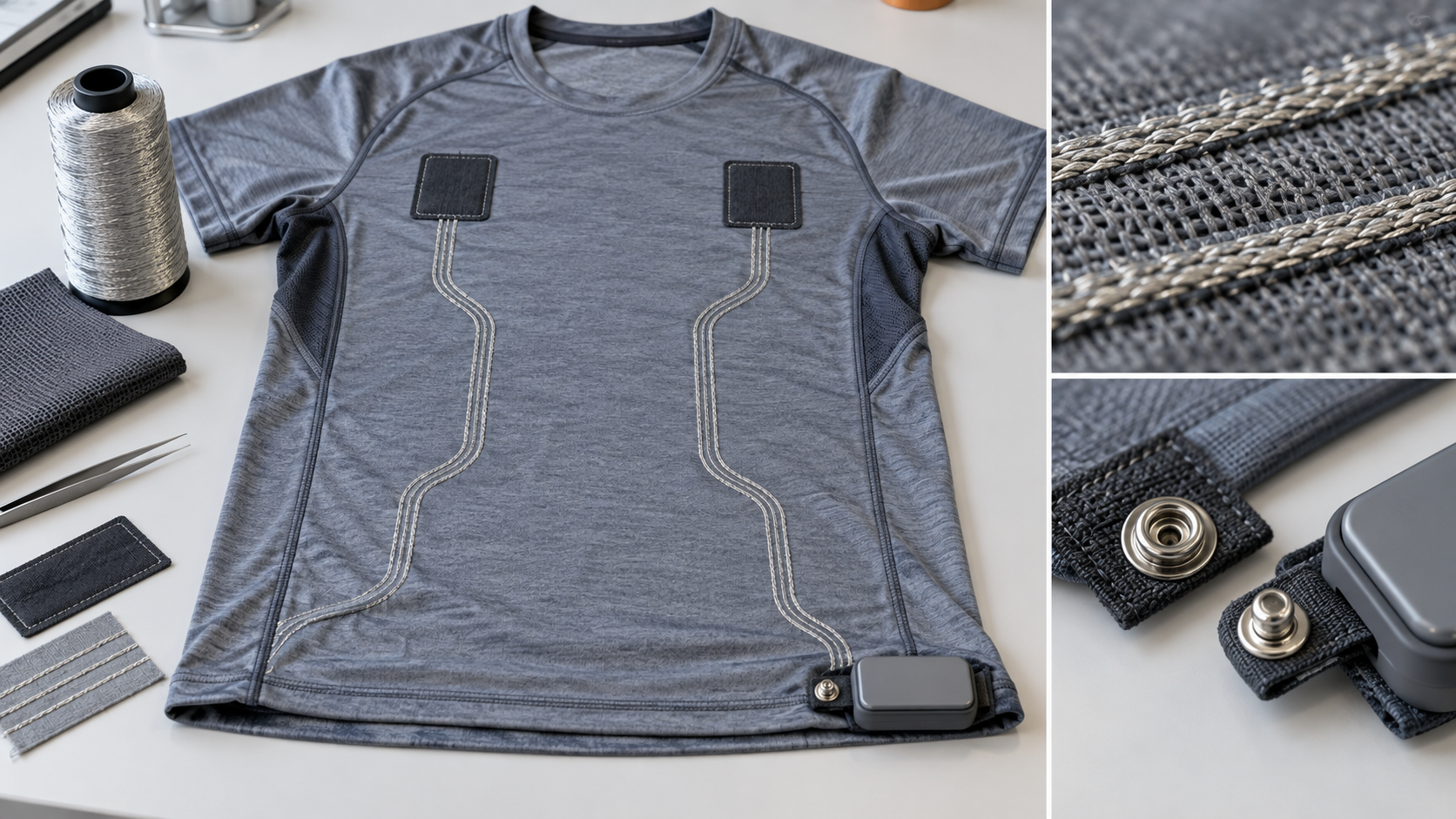 Textile electrodes, conductive-yarn wiring and detachable electronics are shown separately