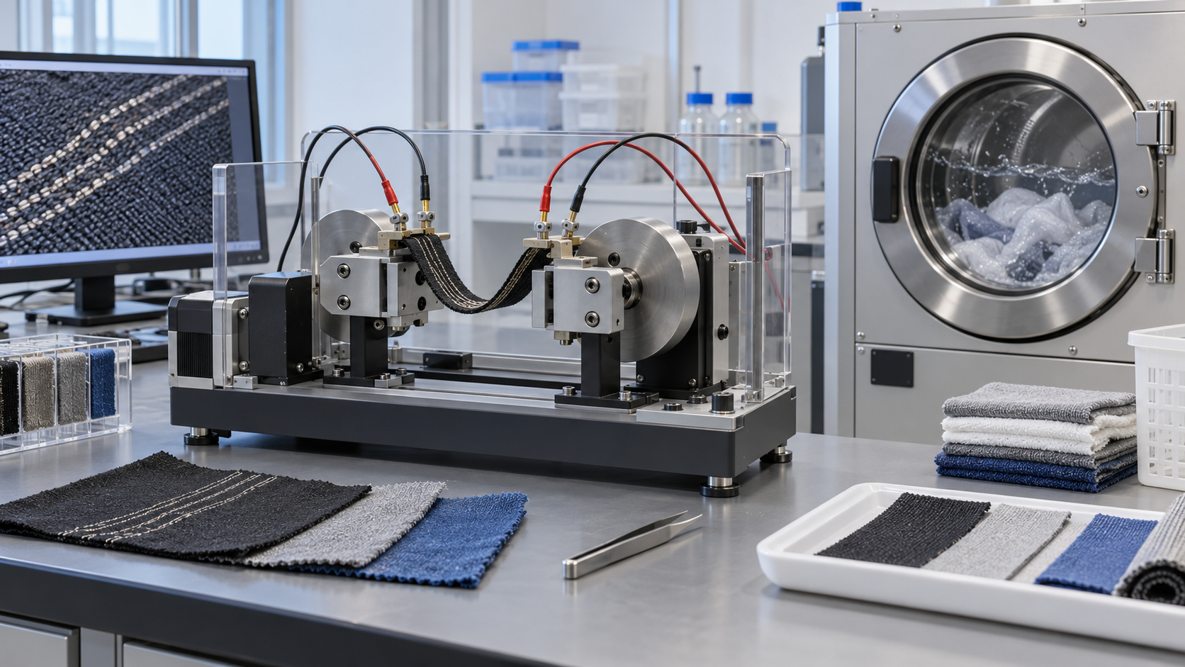Bending and laundering fixtures illustrate durability testing