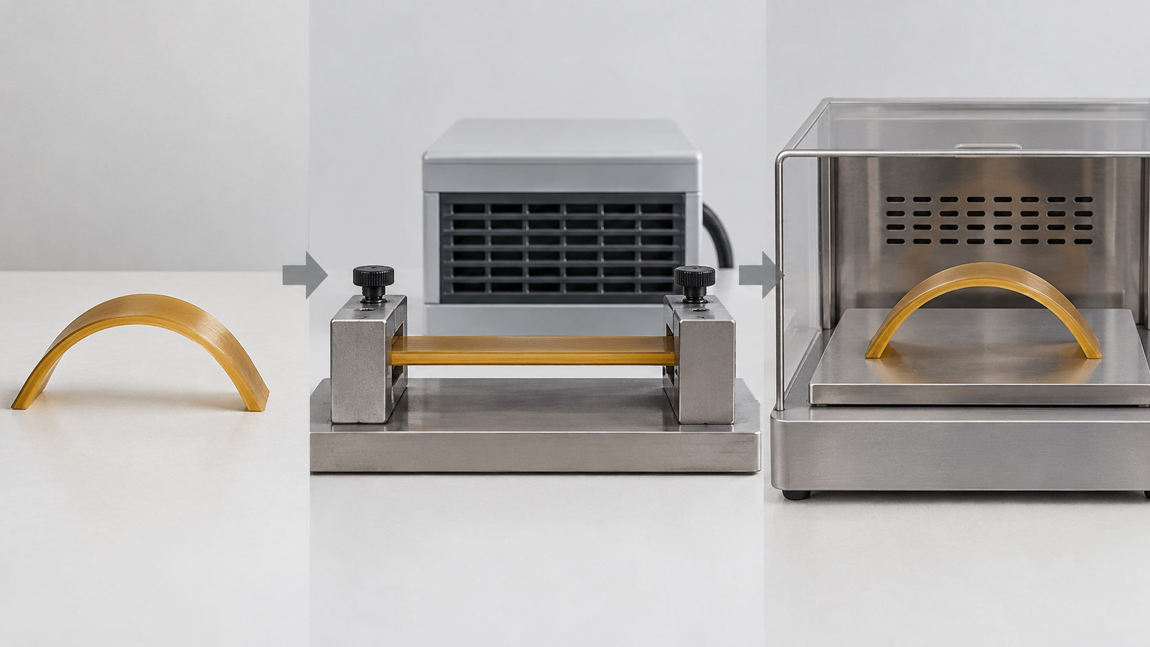 The same specimen is shown in its original shape, fixed temporary shape and recovered shape after heating