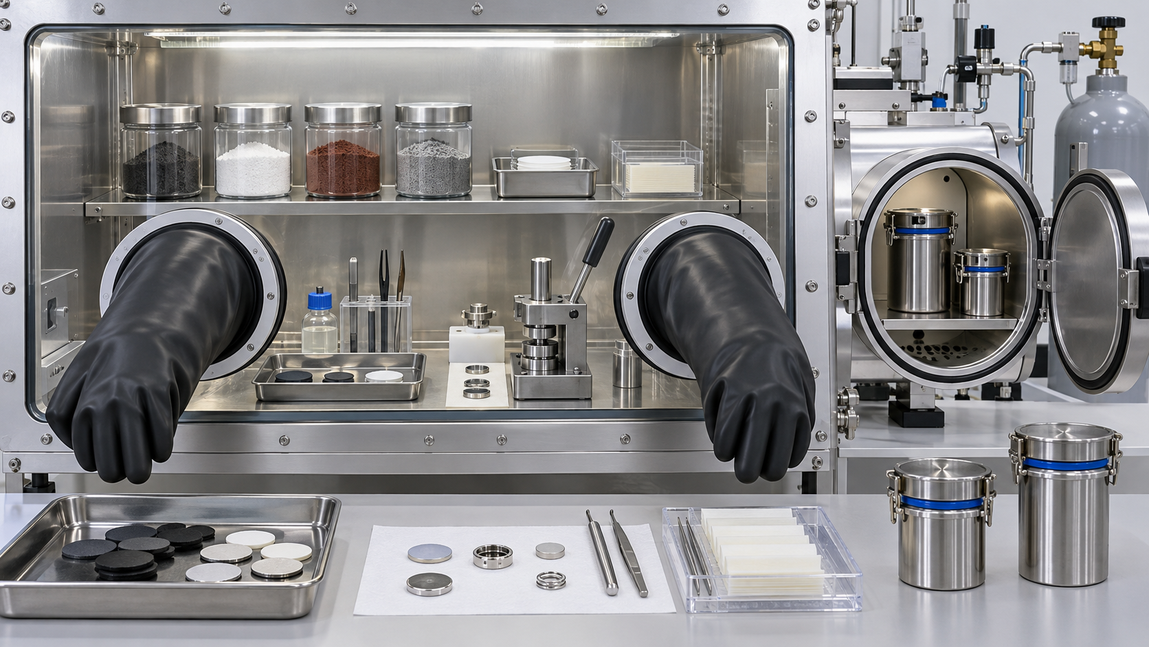 Sealed sample containers and a glovebox illustrate moisture-controlled handling