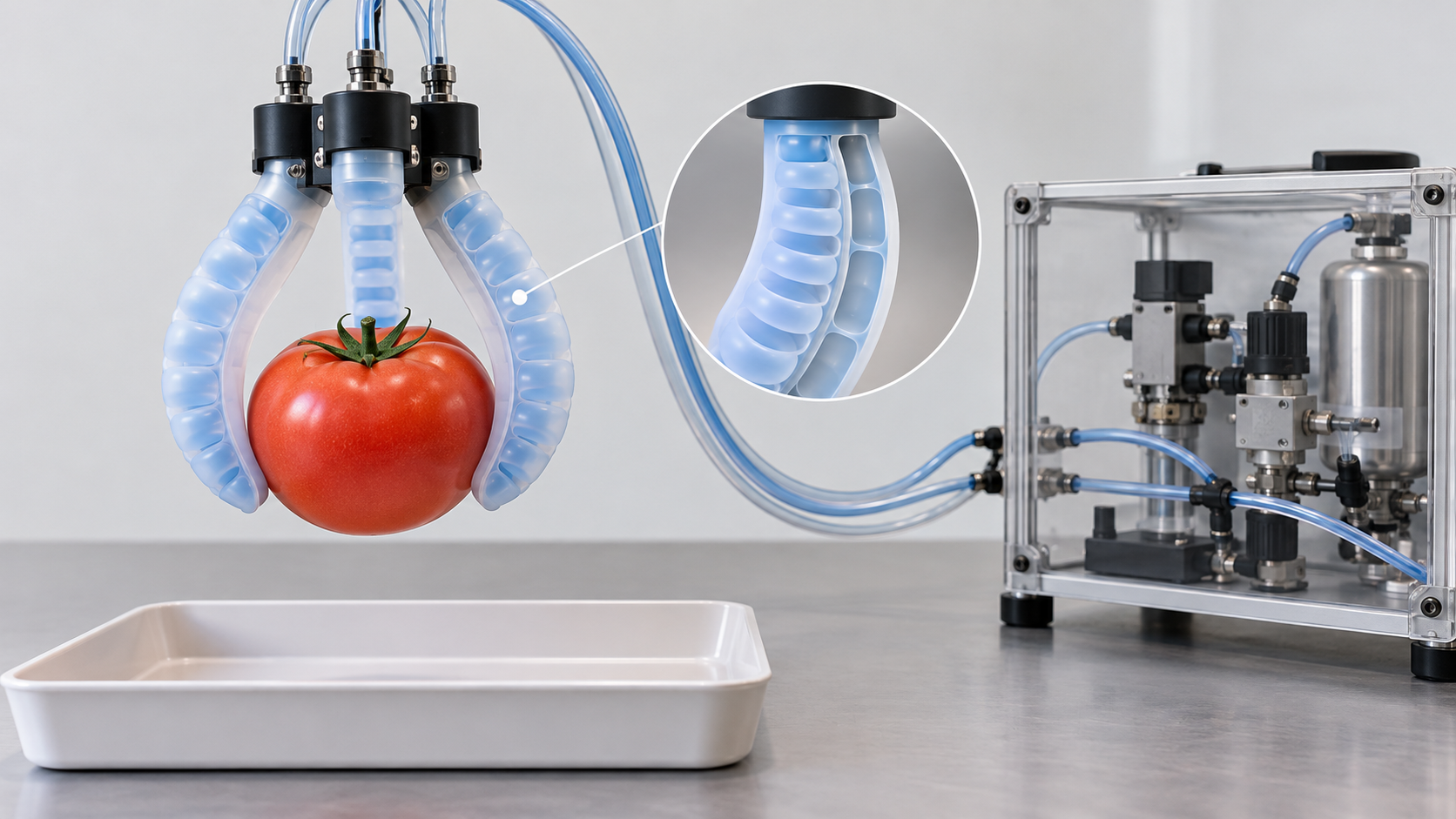 Internal air chambers inflate and bend compliant fingers to grasp an object