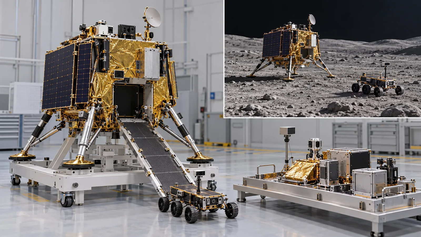 A concept of preparing customer payloads for lunar delivery. The lunar inset does not establish successful landing or service commencement.