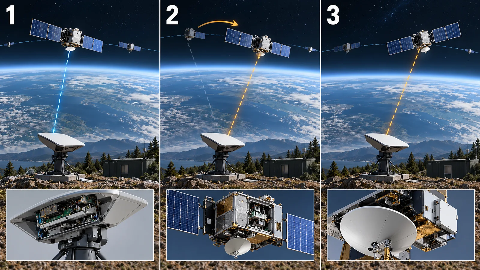 1 connect to a passing satellite, 2 hand over, 3 continue via the next satellite. Counts and switching times are not measured data.