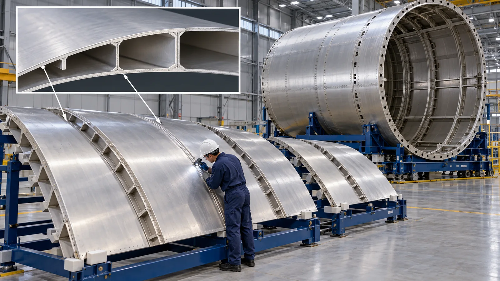 Low mass comes from material, thin skins, stiffeners and joints together. The enlarged section explains structure, not actual vehicle dimensions.