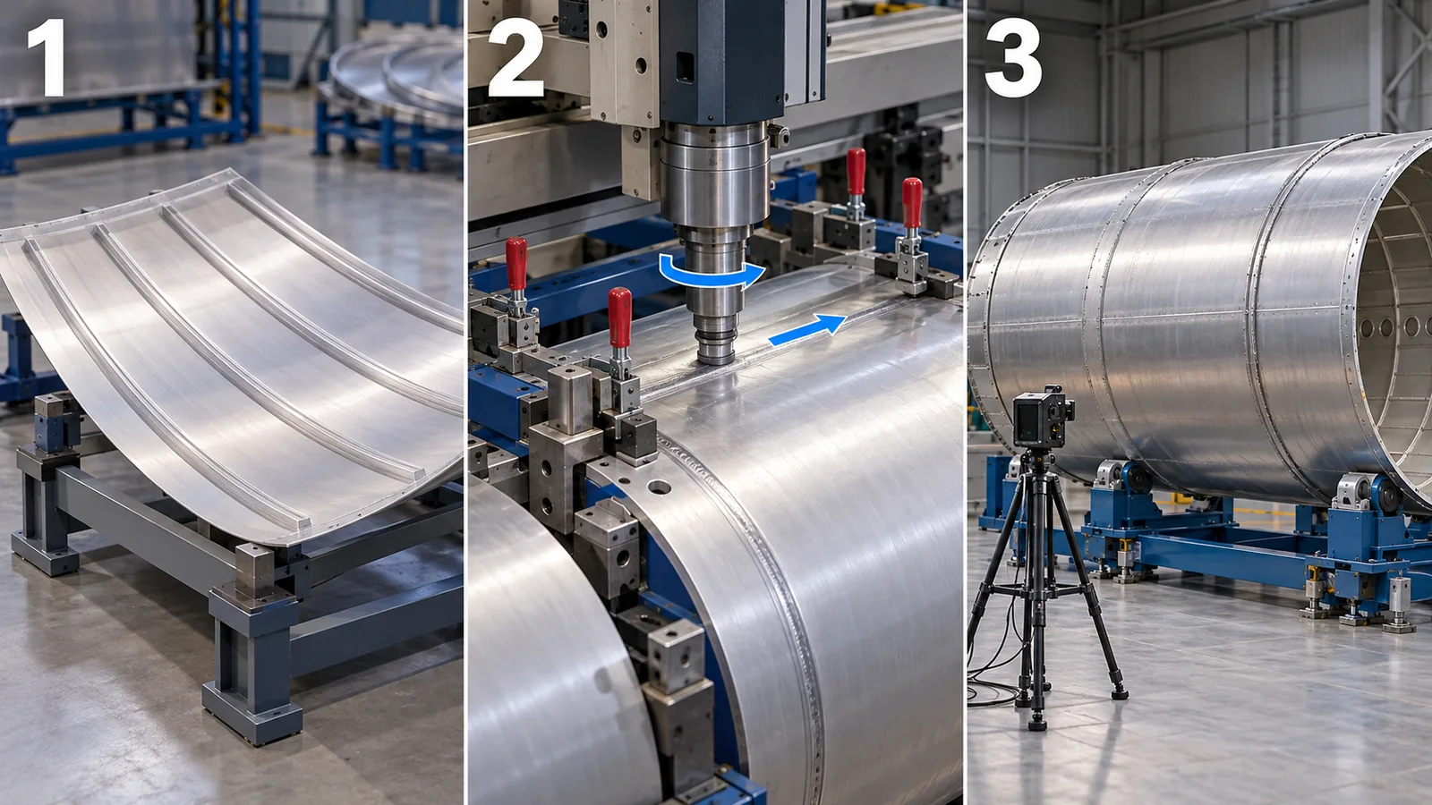 1 form skins/stiffeners, 2 clamp and join, 3 inspect the assembled shell. Design includes manufacturing and joints, not material density alone.