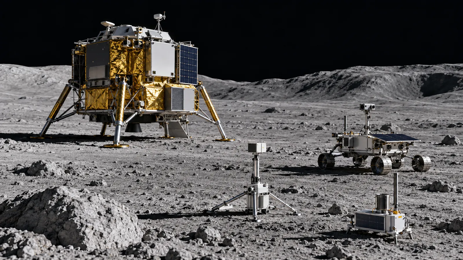 A concept explaining lunar transport and exploration. Distinguish lander, rover and payload; planned missions are not shown as completed achievements.
