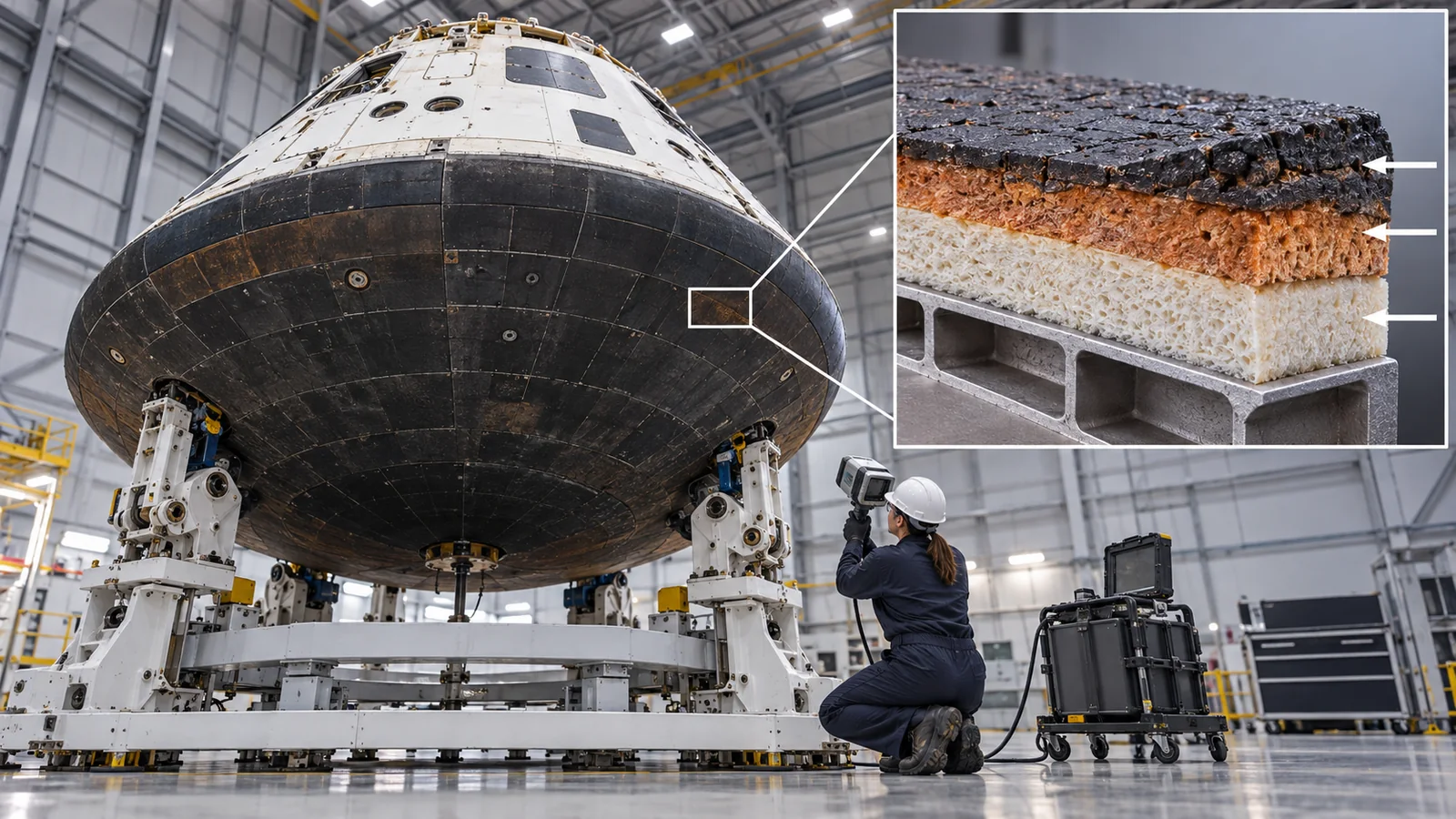 An inspection concept for capsule thermal protection. The enlarged layers are explanatory, not a real flight-damage pattern or engineering drawing.